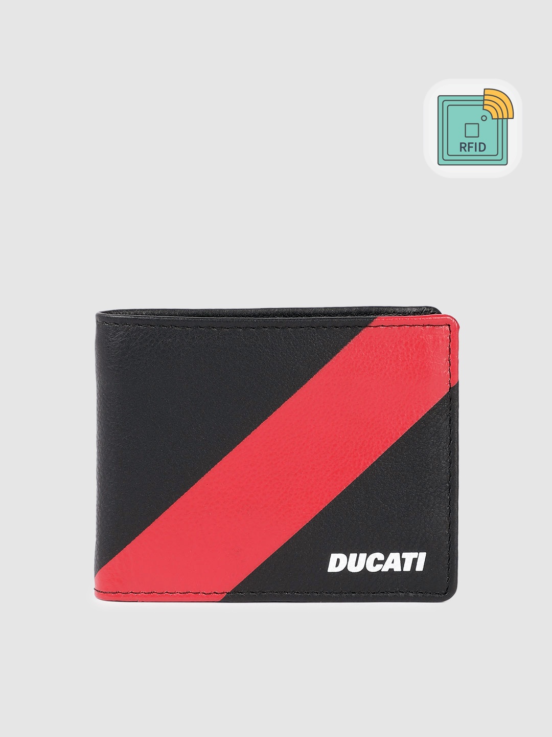 

Ducati Men Colourblocked Leather Two Fold Wallet With RFID, Black