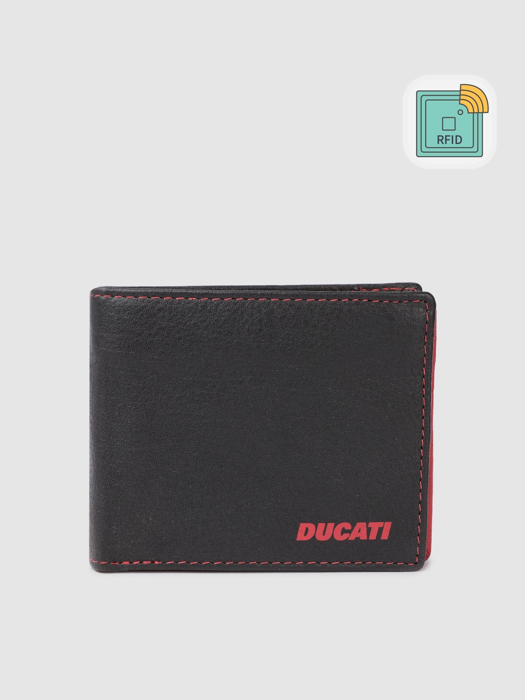 

Ducati Men Solid Leather Two Fold Wallet With RFID & Brand Logo Print Detail, Black