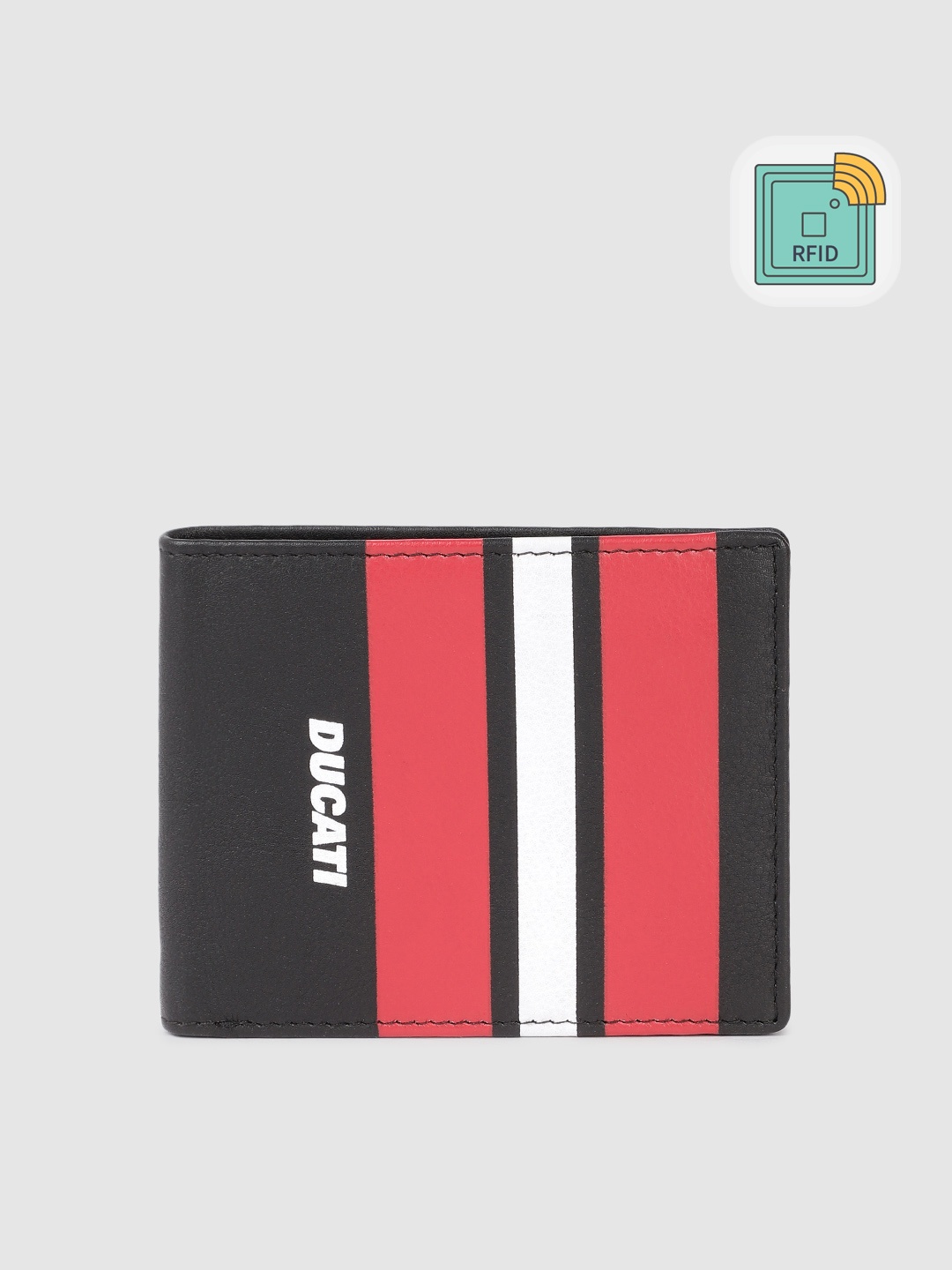 

Ducati Men Striped Leather Two Fold Wallet With RFID, Black
