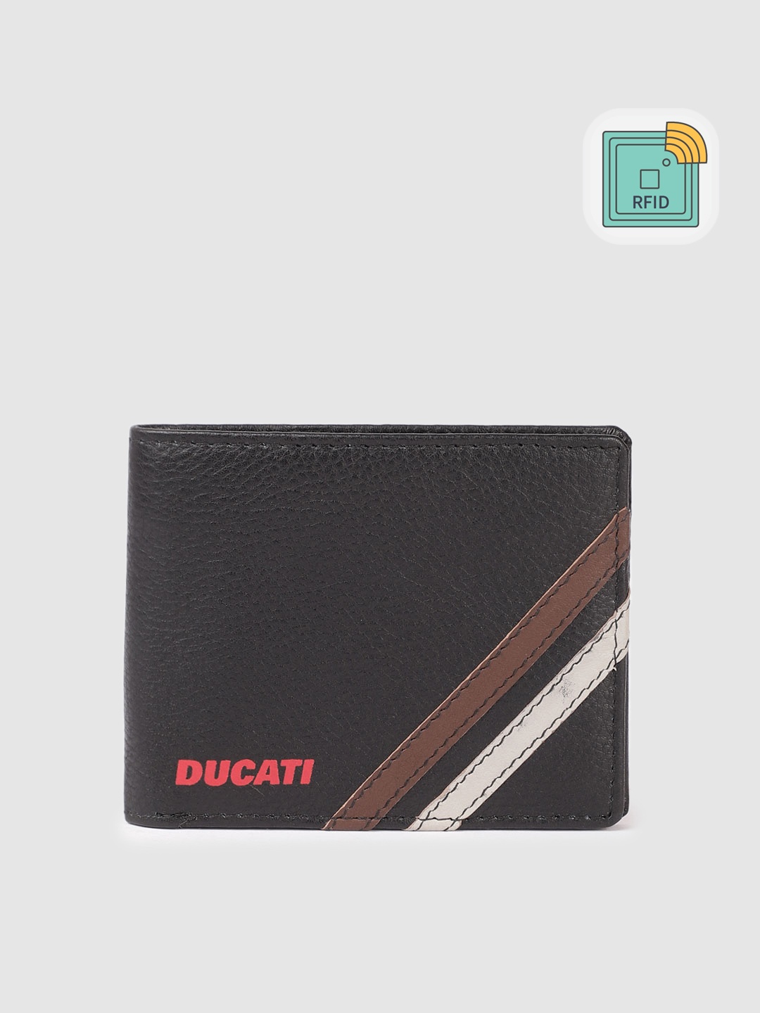 

Ducati Men Striped & Textured Leather Two Fold Wallet With RFID, Black