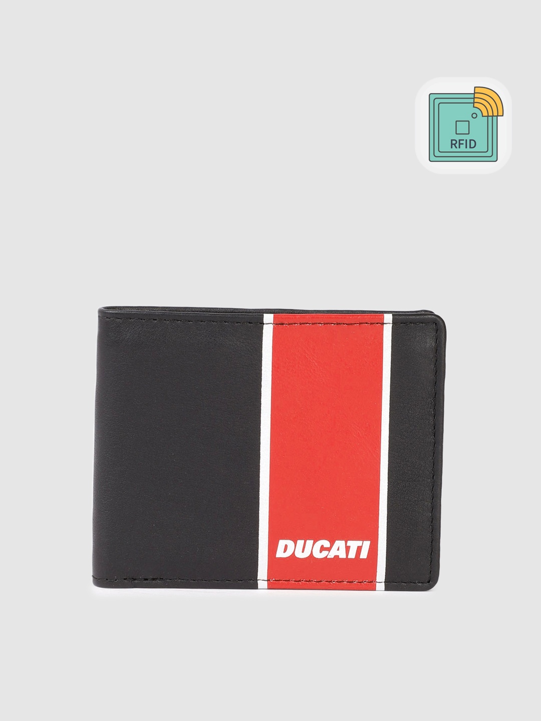 

Ducati Men Colourblocked Leather Two Fold Wallet With RFID, Black