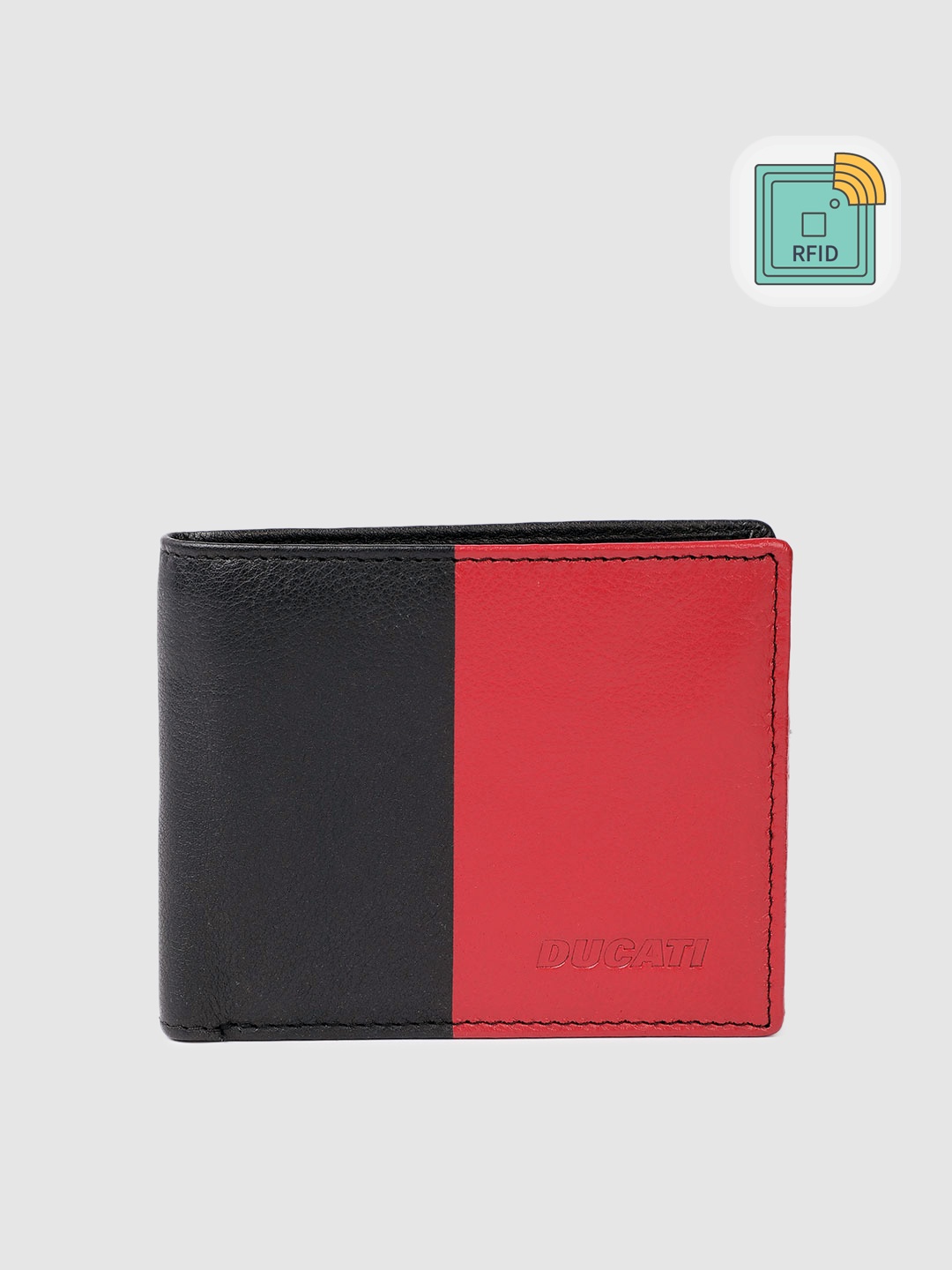 

Ducati Men Colourblocked Leather Two Fold Wallet With RFID & Brand Logo Debossed Detail, Black