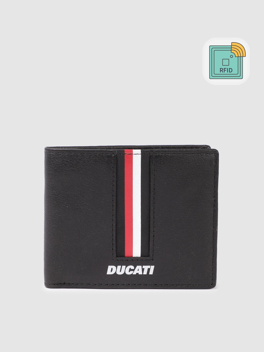 

Ducati Men Striped Leather Two Fold Wallet With RFID & Brand Logo Print Detail, Black