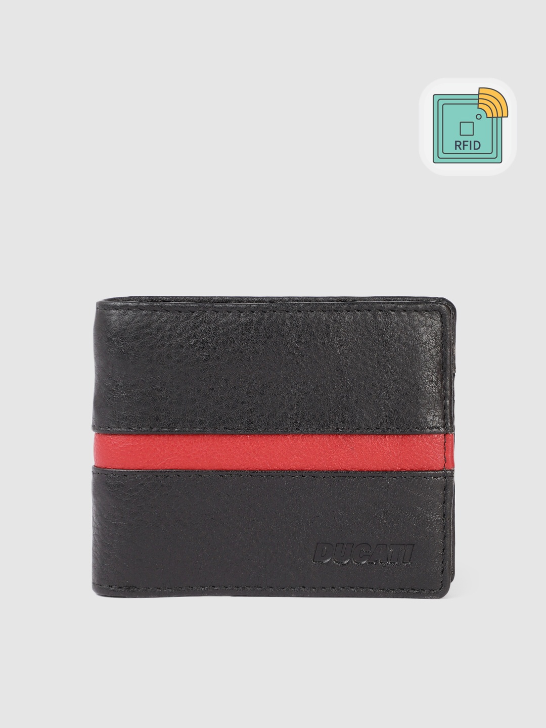 

Ducati Men Striped Leather Two Fold Wallet With RFID, Black