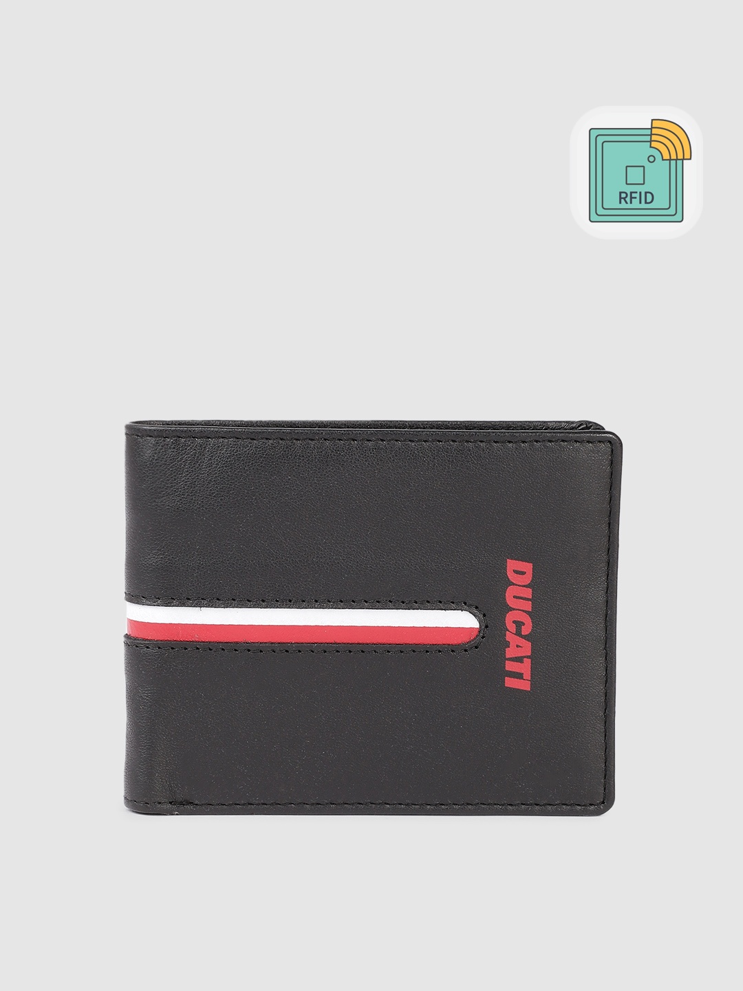 

Ducati Men Striped Leather Two Fold Wallet With RFID, Black