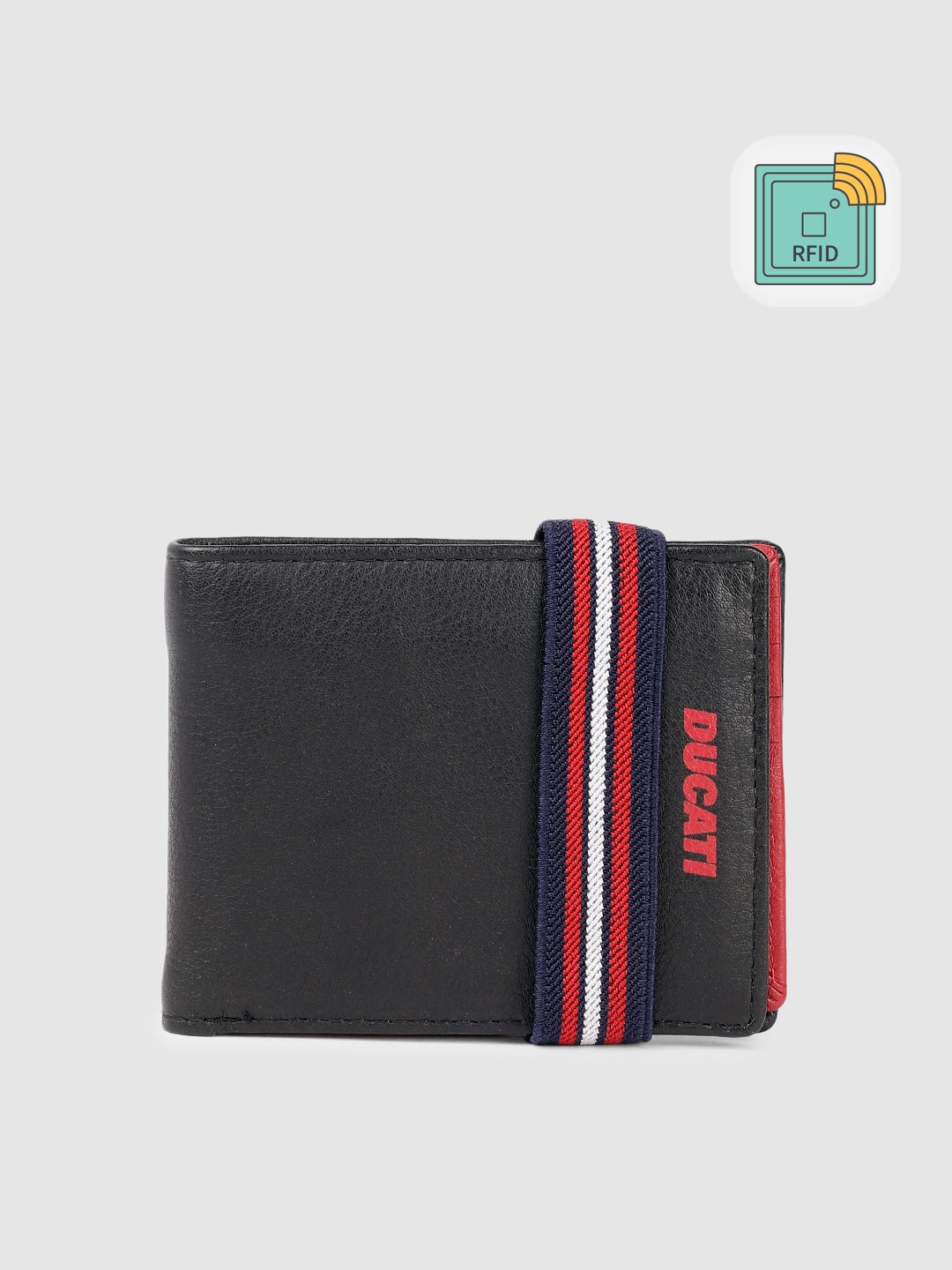 

Ducati Men Solid Leather Two Fold Wallet With RFID & Striped Applique Detail, Black