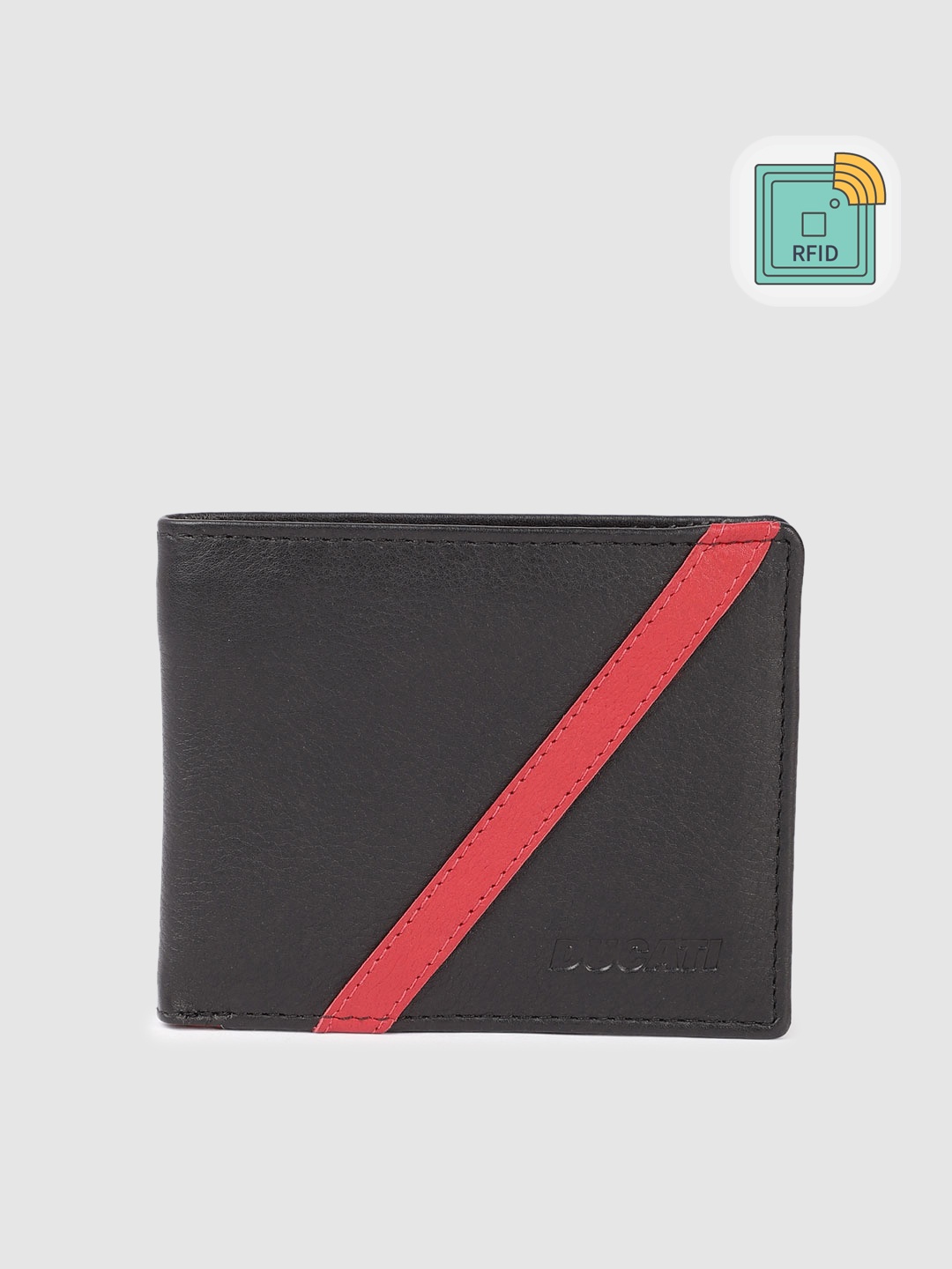 

Ducati Men Diagonal Striped Leather Two Fold Wallet With RFID, Black