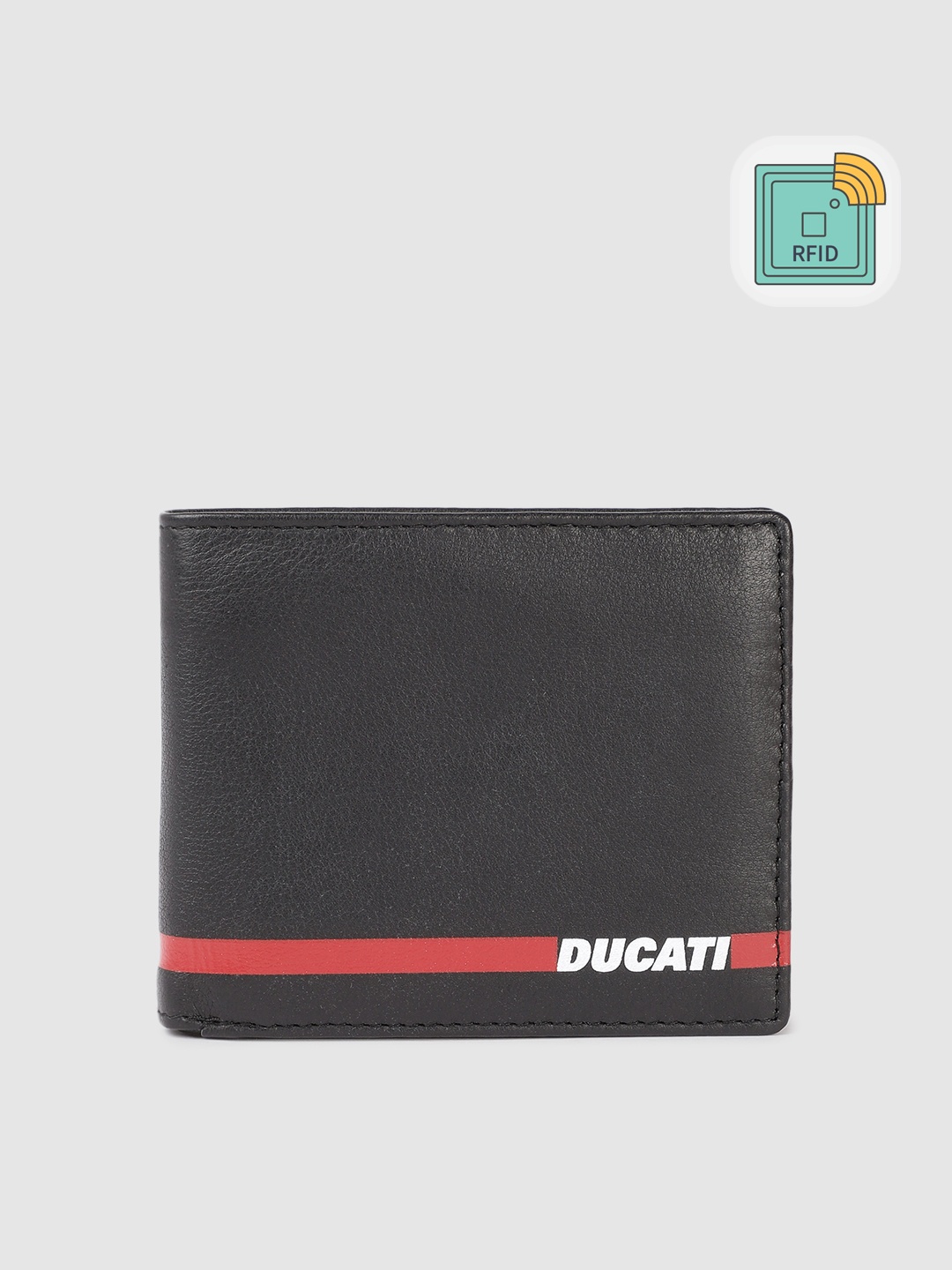 

Ducati Men Striped Leather Two Fold Wallet With RFID, Black