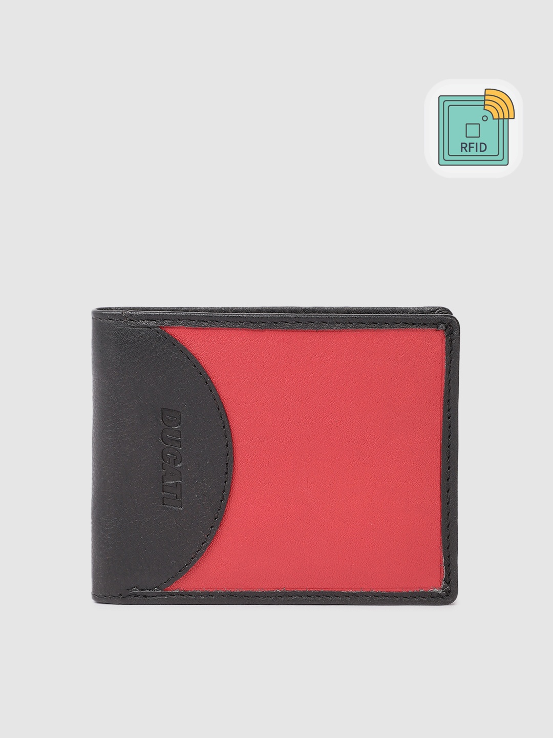 

Ducati Men Colourblocked Leather Two Fold Wallet With RFID & Brand Logo Debossed Detail, Black