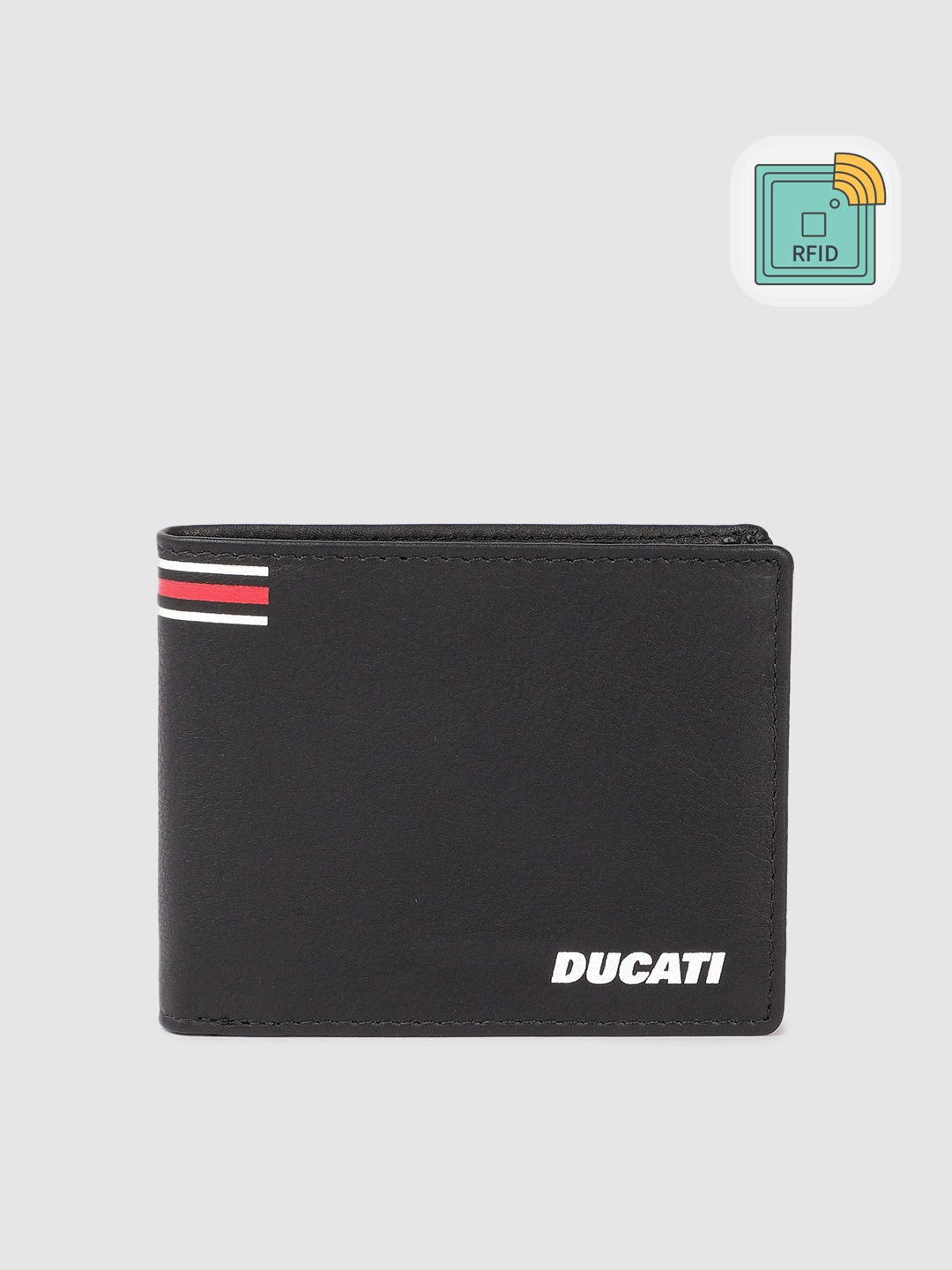 

Ducati Men Solid Leather Two Fold Wallet With RFID & Minimal Striped Detail, Black