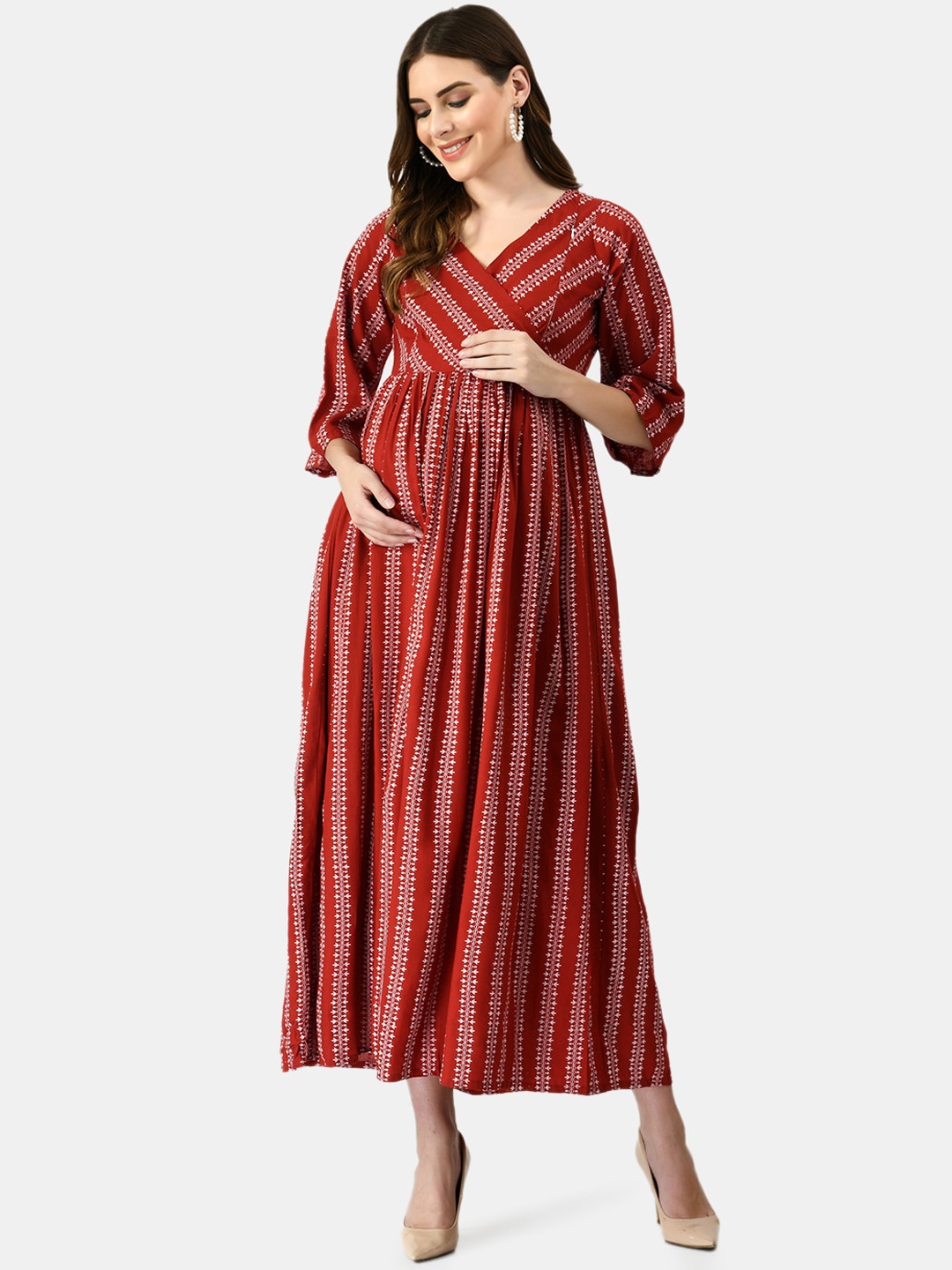 

KALINI Ethnic Motifs Flared Sleeves Maternity Anarkali Kurta, Orange