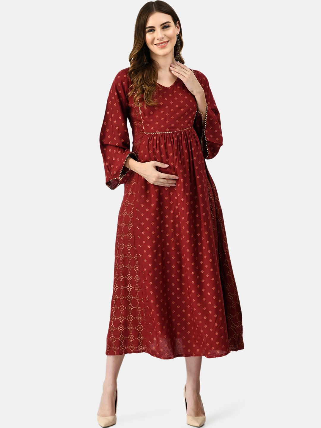 

KALINI Women Geometric Printed Maternity Cotton Kurta, Maroon