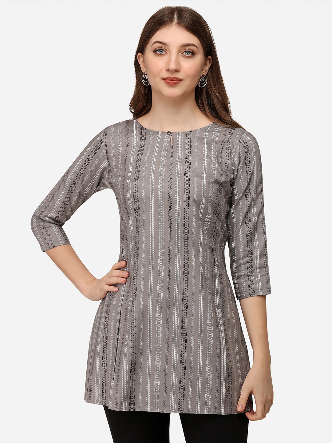 

Shiv Textiles Keyhole Neck Striped Kurti, Grey