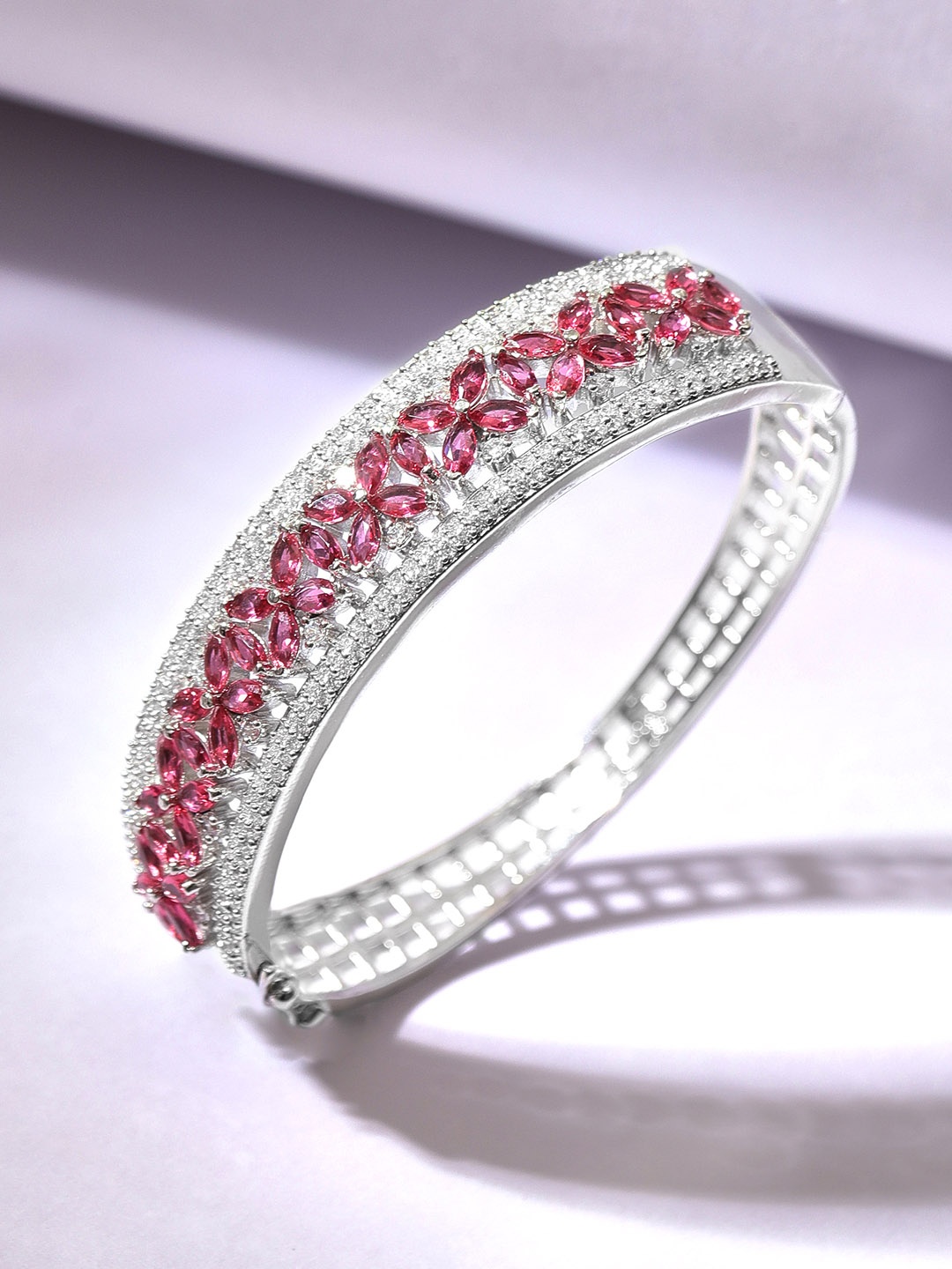 

Rubans Silver-Plated Ruby Pink & Cubic Zicronia Studded Bangle-Style Bracelet