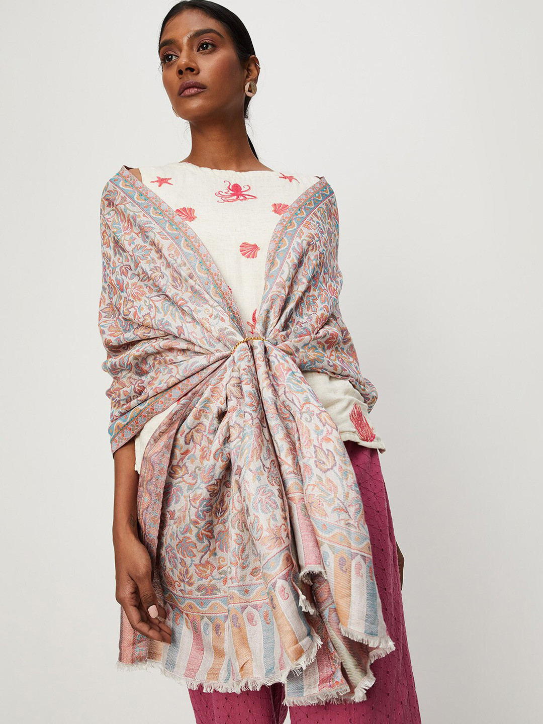 

max Women Floral Printed Woven-Design Shawl, White