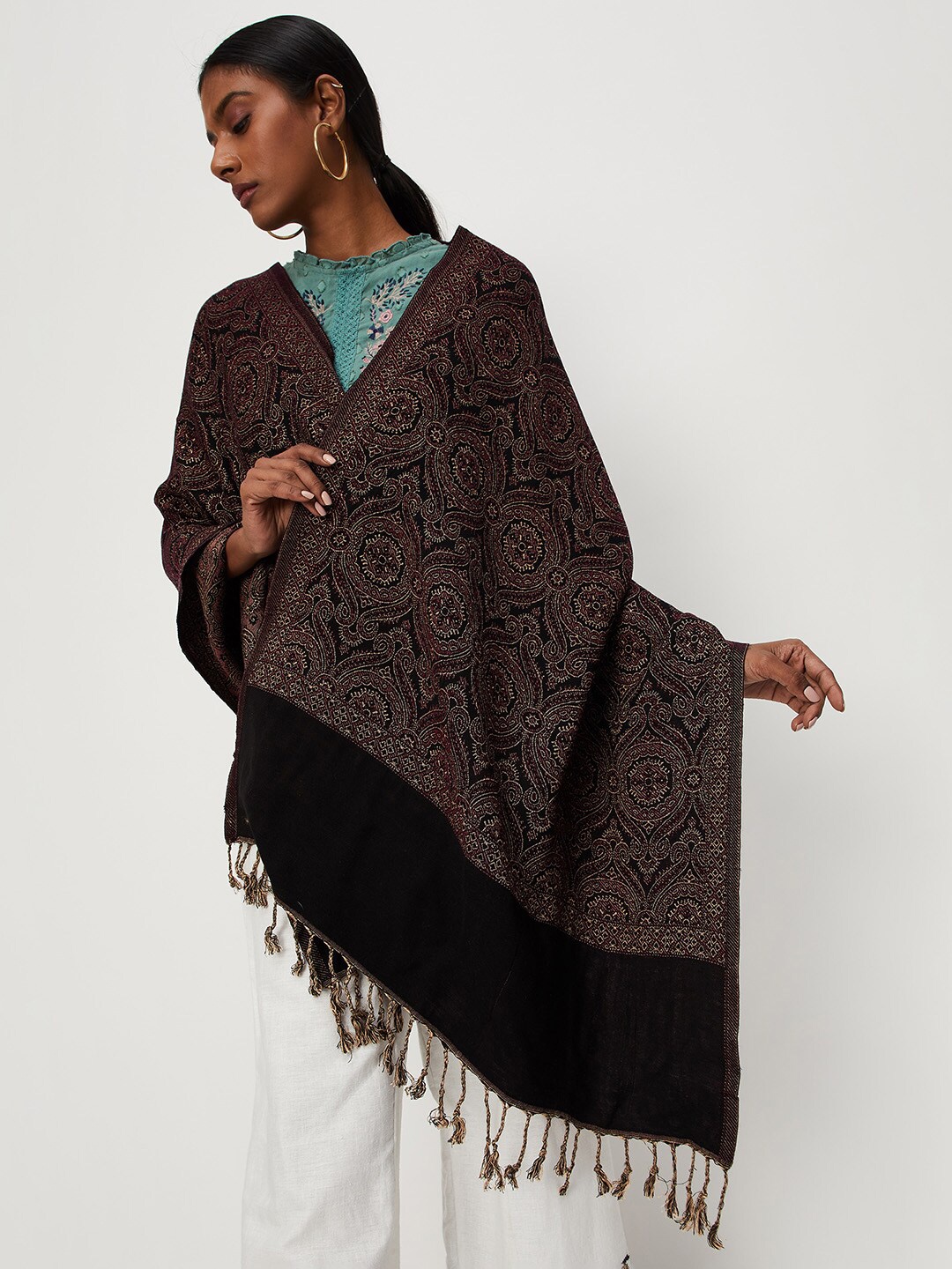 

max Women Floral Printed Woven-Design Acrylic Shawl, Black