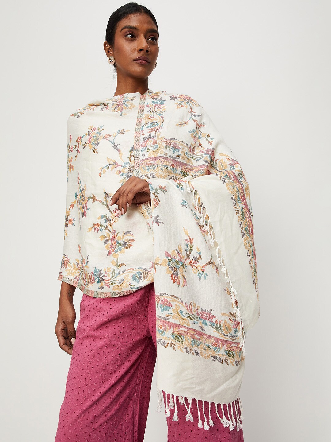 

max Women Floral Printed Woven-Design Shawl, White