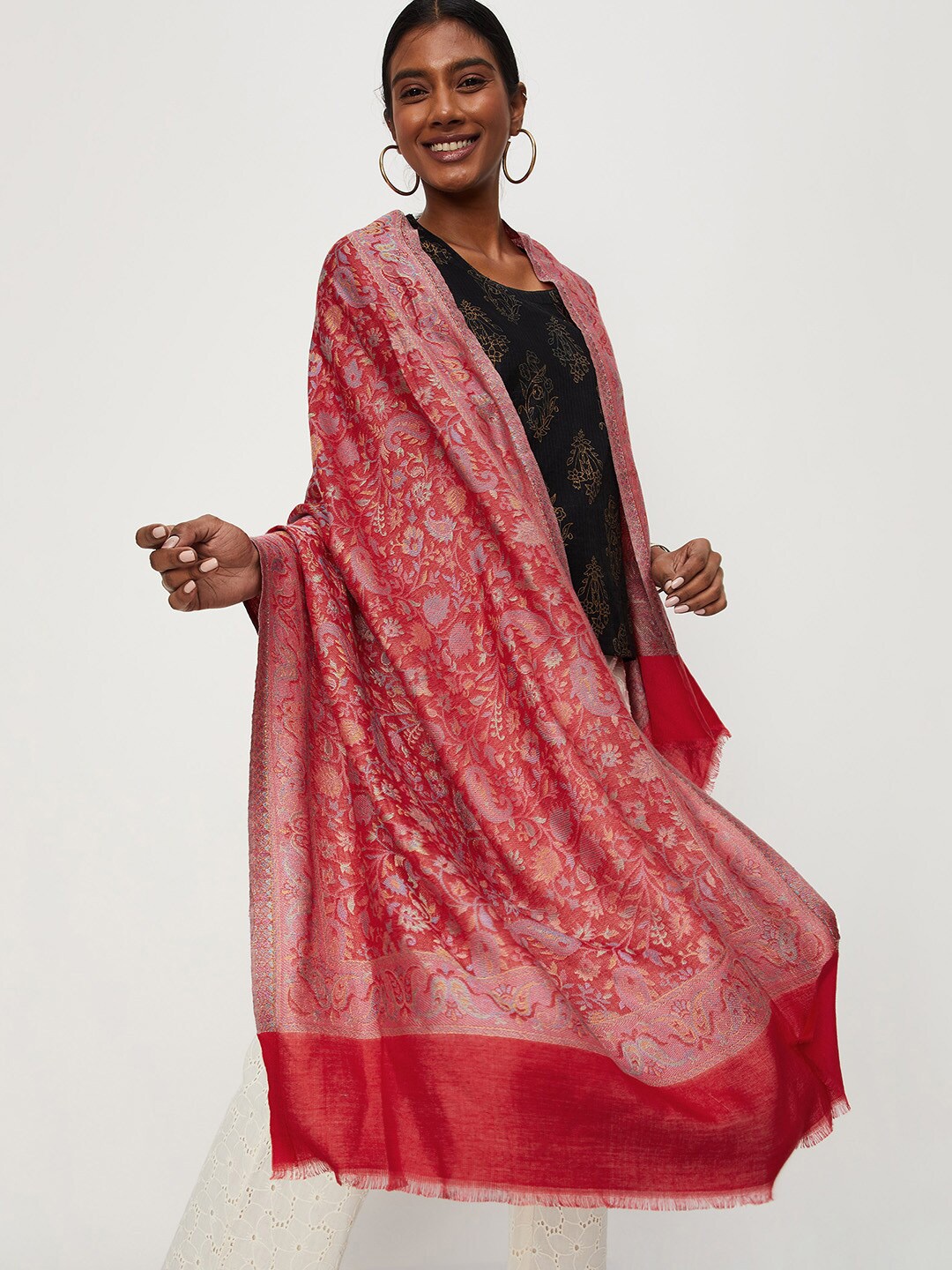 

max Women Floral Printed Woven-Design Shawl, Red