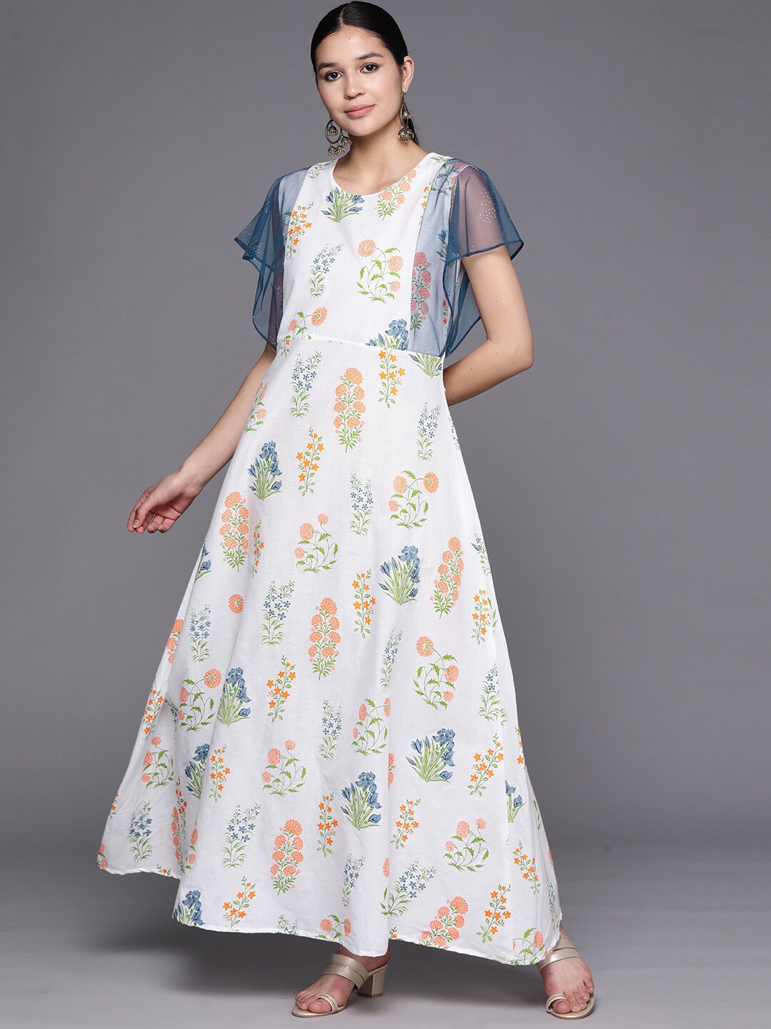 

Ahalyaa Women Floral Printed Pure Cotton A-line Ethnic Dress, Off white