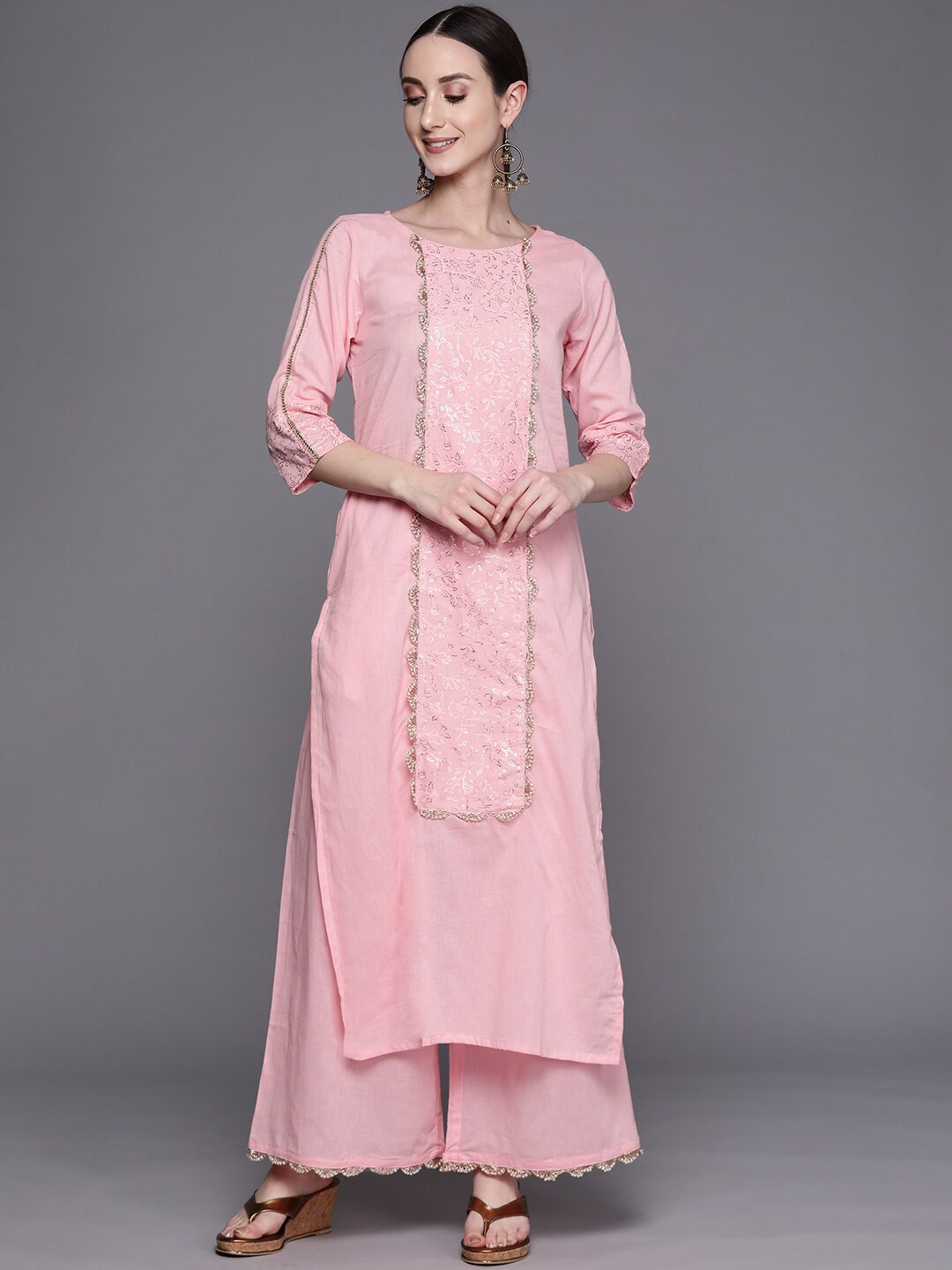 

Ahalyaa Women Floral Printed Pure Cotton Kurta with Palazzos, Pink