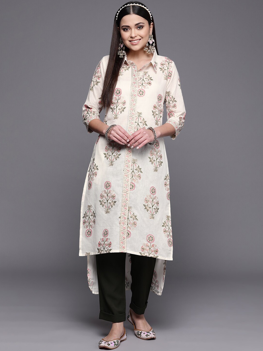 

Ahalyaa Women Floral Printed Shirt Collar Kurta, Off white