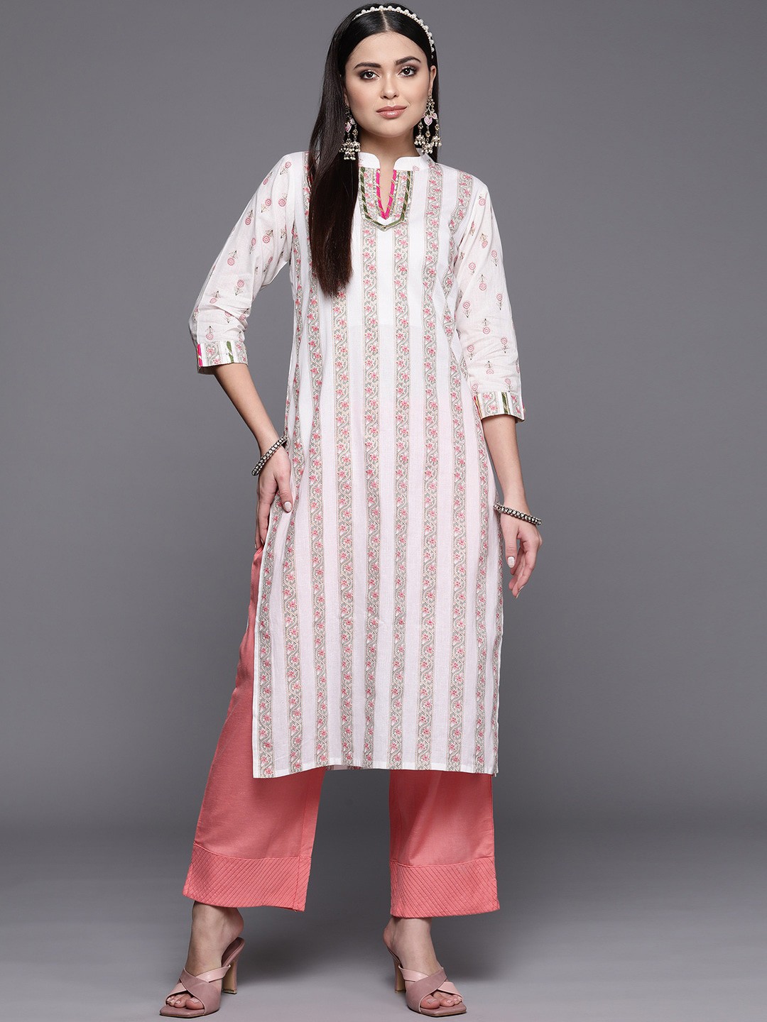 

Ahalyaa Women Pure Cotton Ethnic Motifs Printed Floral Kurta, Off white