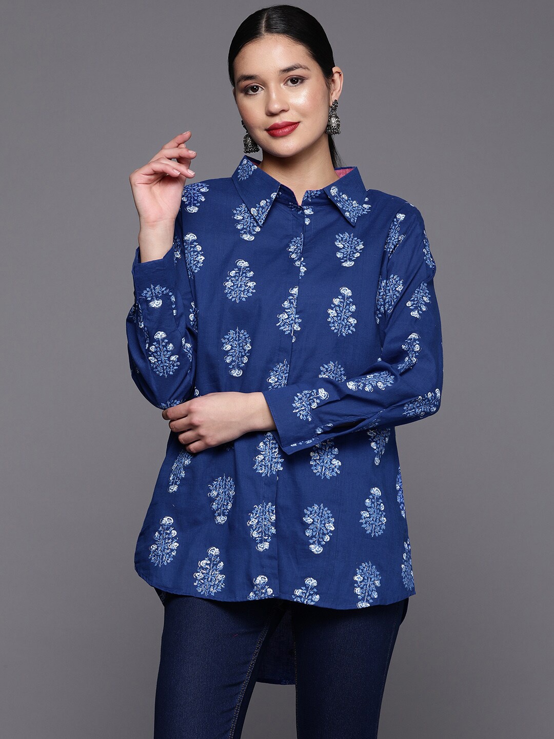 

Ahalyaa Blue & White Print Shirt Style Pure Cotton Top