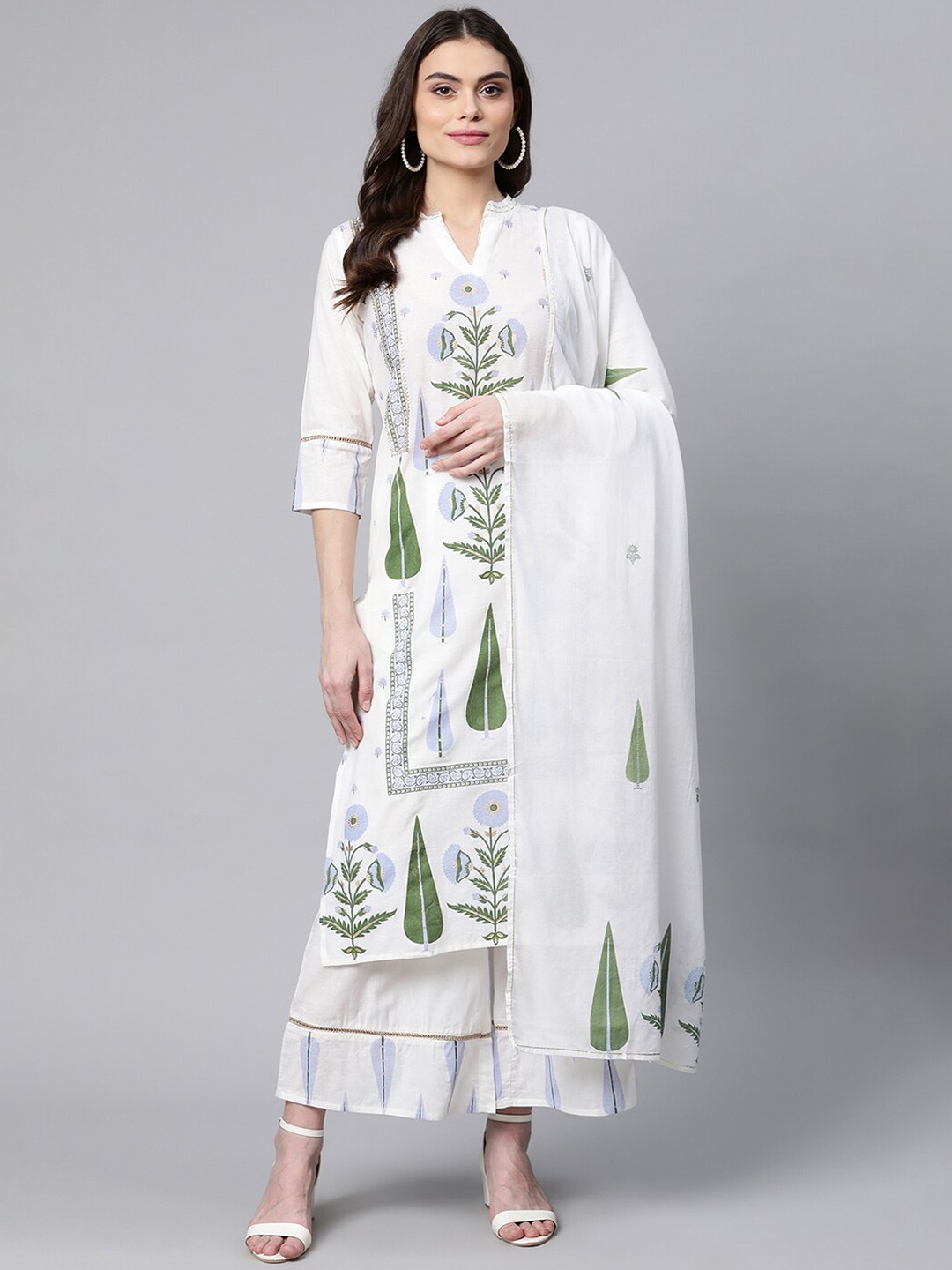 

Ahalyaa Women Floral Printed Gotta Patti Pure Cotton Kurta with Palazzos & Dupatta, Off white