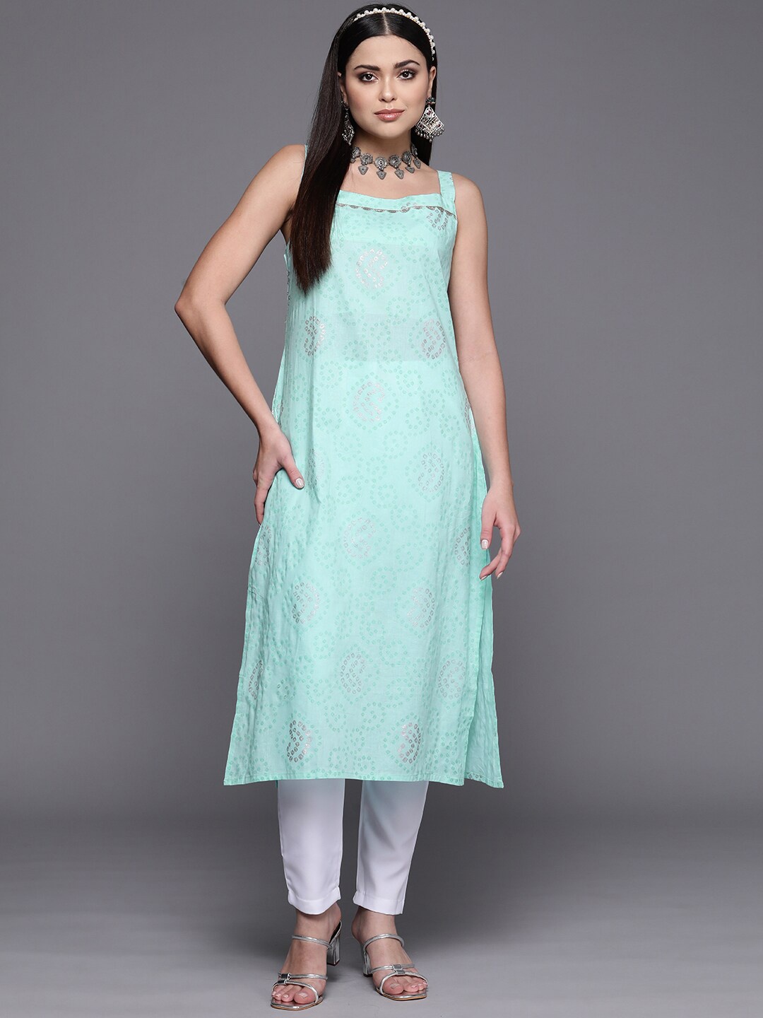 

Ahalyaa Women Bandhani Printed Gotta Patti Pastels Pure Cotton Kurta, Blue