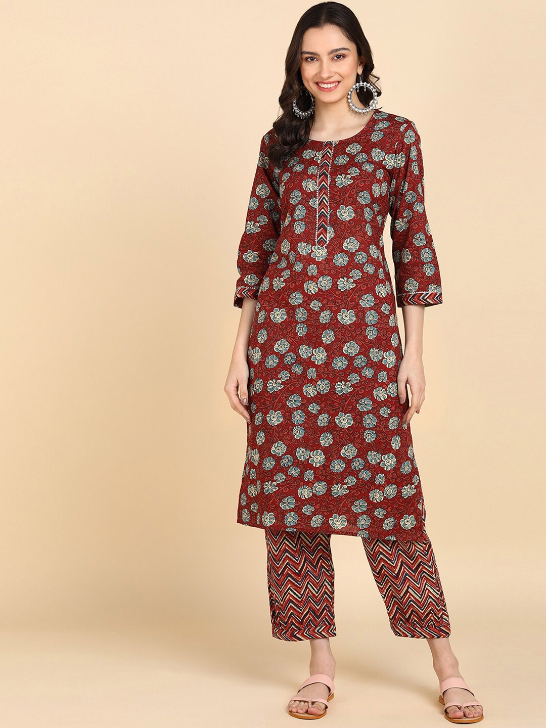 

BLOCKS OF INDIA Women Floral Printed Pure Cotton Kurta with Trousers, Maroon