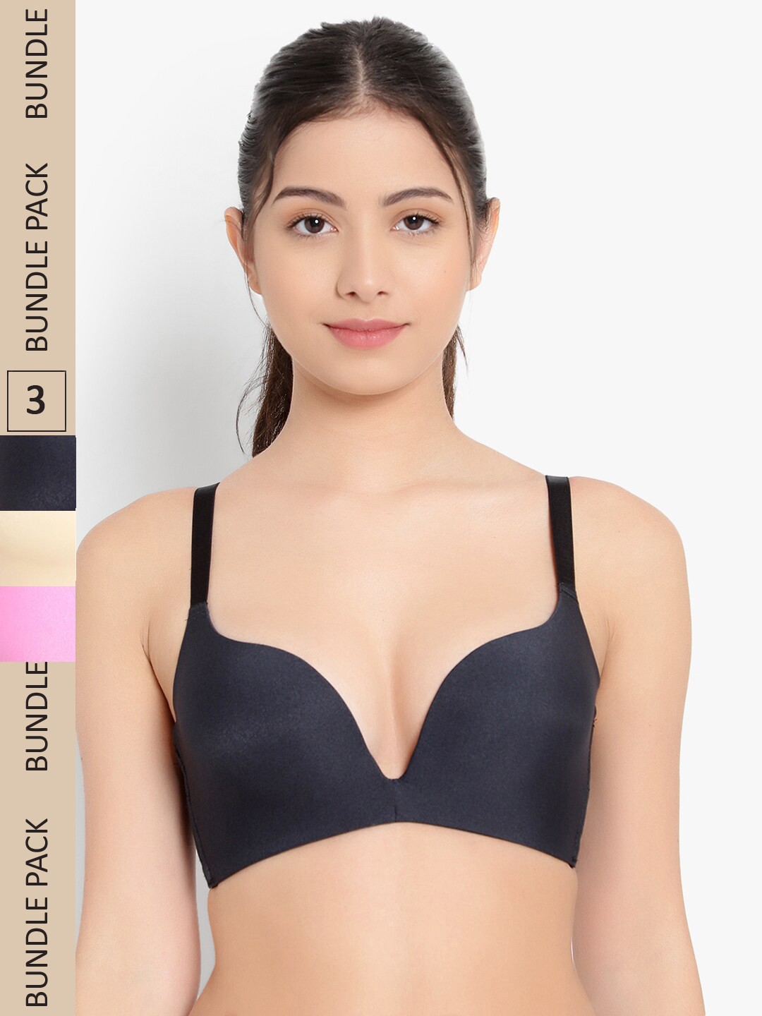 

PARKHA Pack of 3 Solid Seamless Heavily Padded Push Up Bra, Black