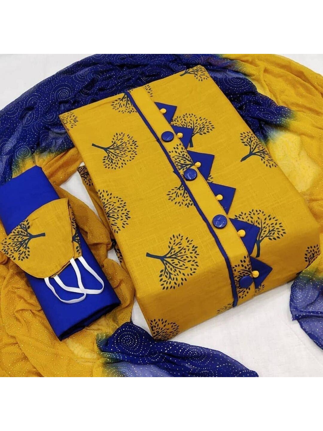 

KALINI Yellow & Blue Printed Unstitched Dress Material