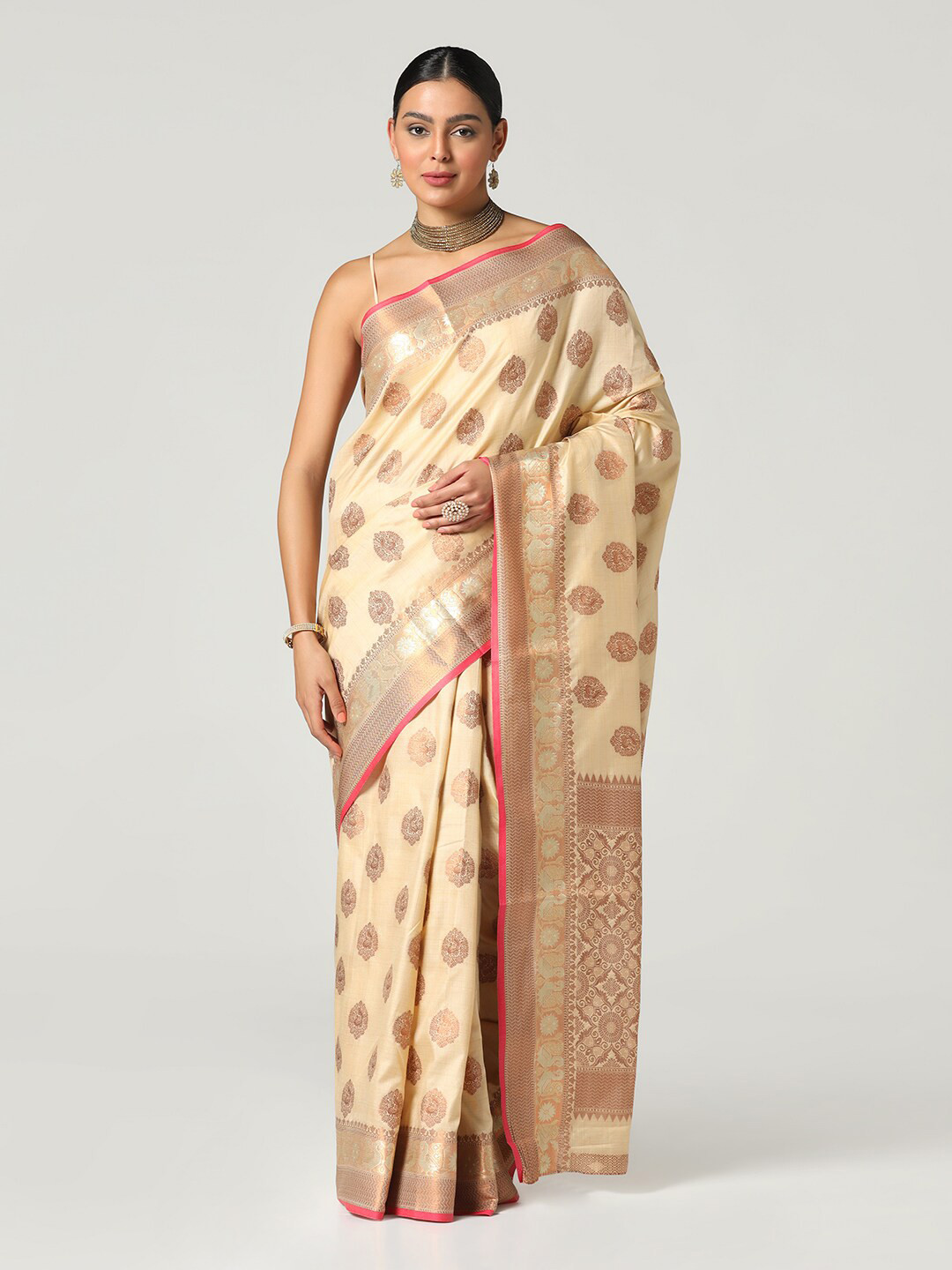 

BOMBAY SELECTIONS Woven Design Zari Banarasi Saree, Cream