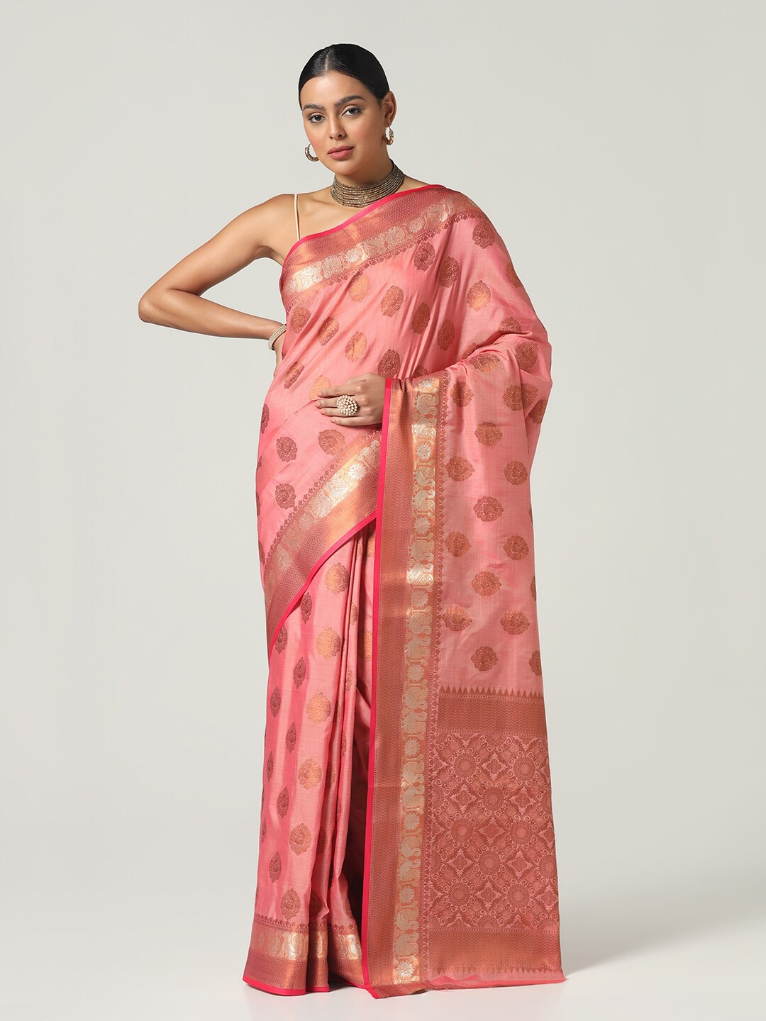 

BOMBAY SELECTIONS Woven Design Zari Banarasi Saree, Pink