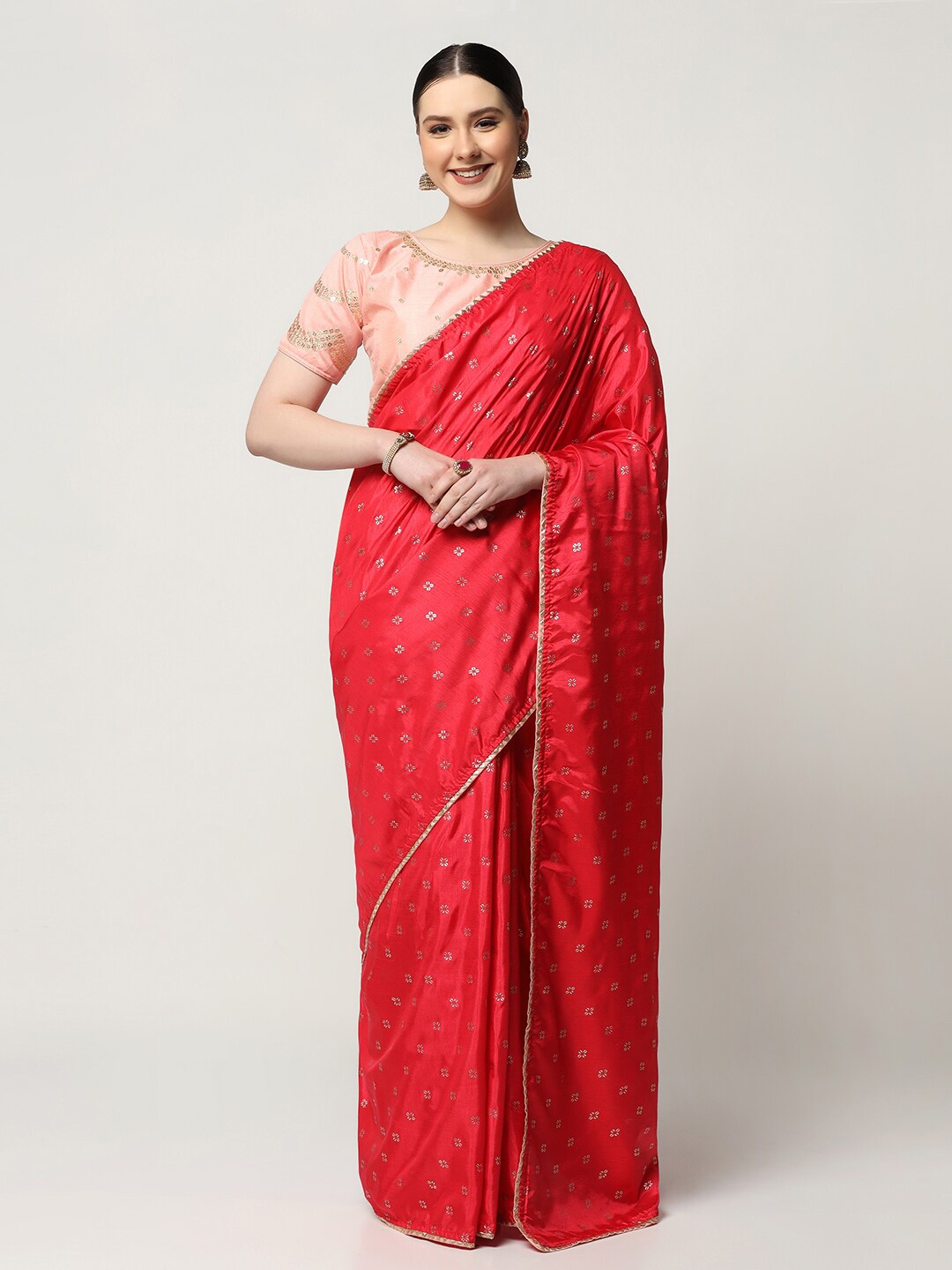 

BOMBAY SELECTIONS Pink & White Ethnic Motifs Satin Saree