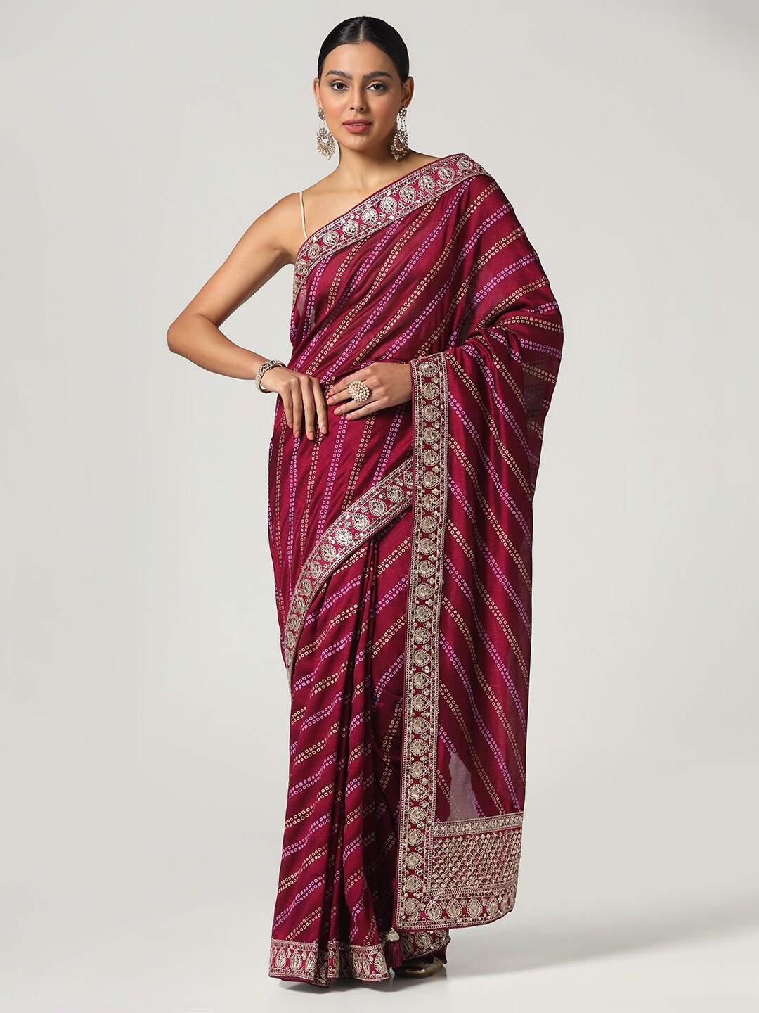 

BOMBAY SELECTIONS Bandhani Embroidered Art Silk Bandhani Saree, Purple