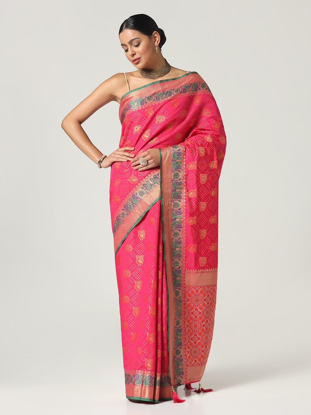 

BOMBAY SELECTIONS Woven Design Zari Art Silk Banarasi Saree, Pink