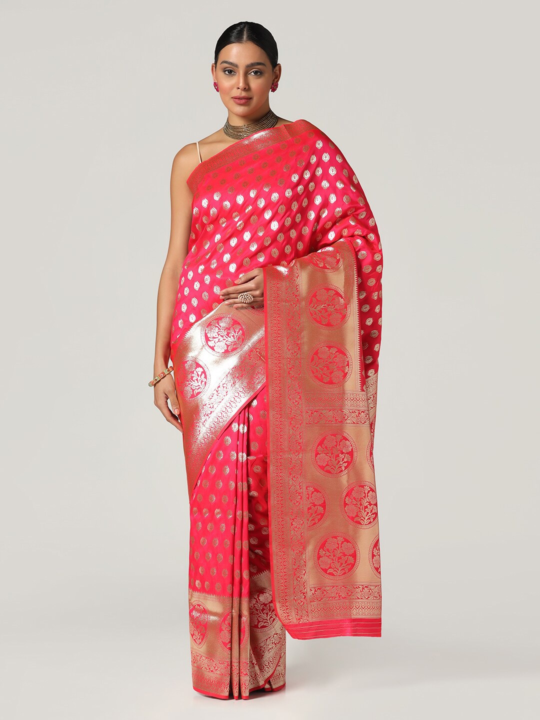 

BOMBAY SELECTIONS Ethnic Motifs Zari Pure Silk Banarasi Saree, Magenta