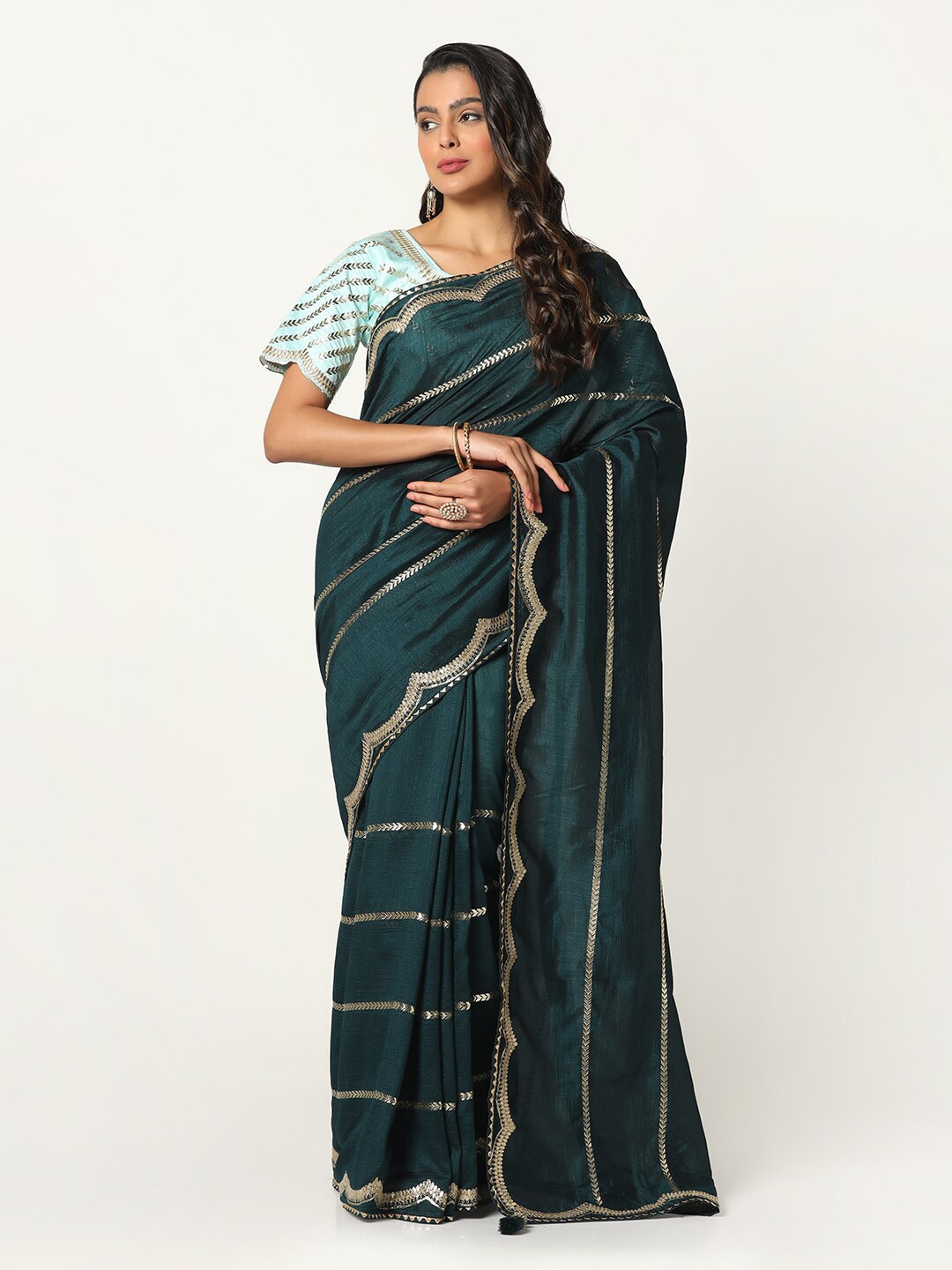 

BOMBAY SELECTIONS Striped Gotta Patti Saree, Green