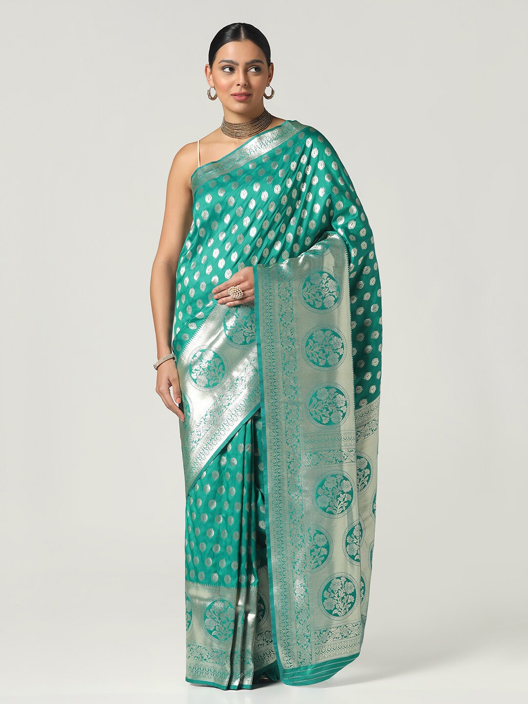 

BOMBAY SELECTIONS Woven Design Zari Pure Silk Banarasi Saree, Teal