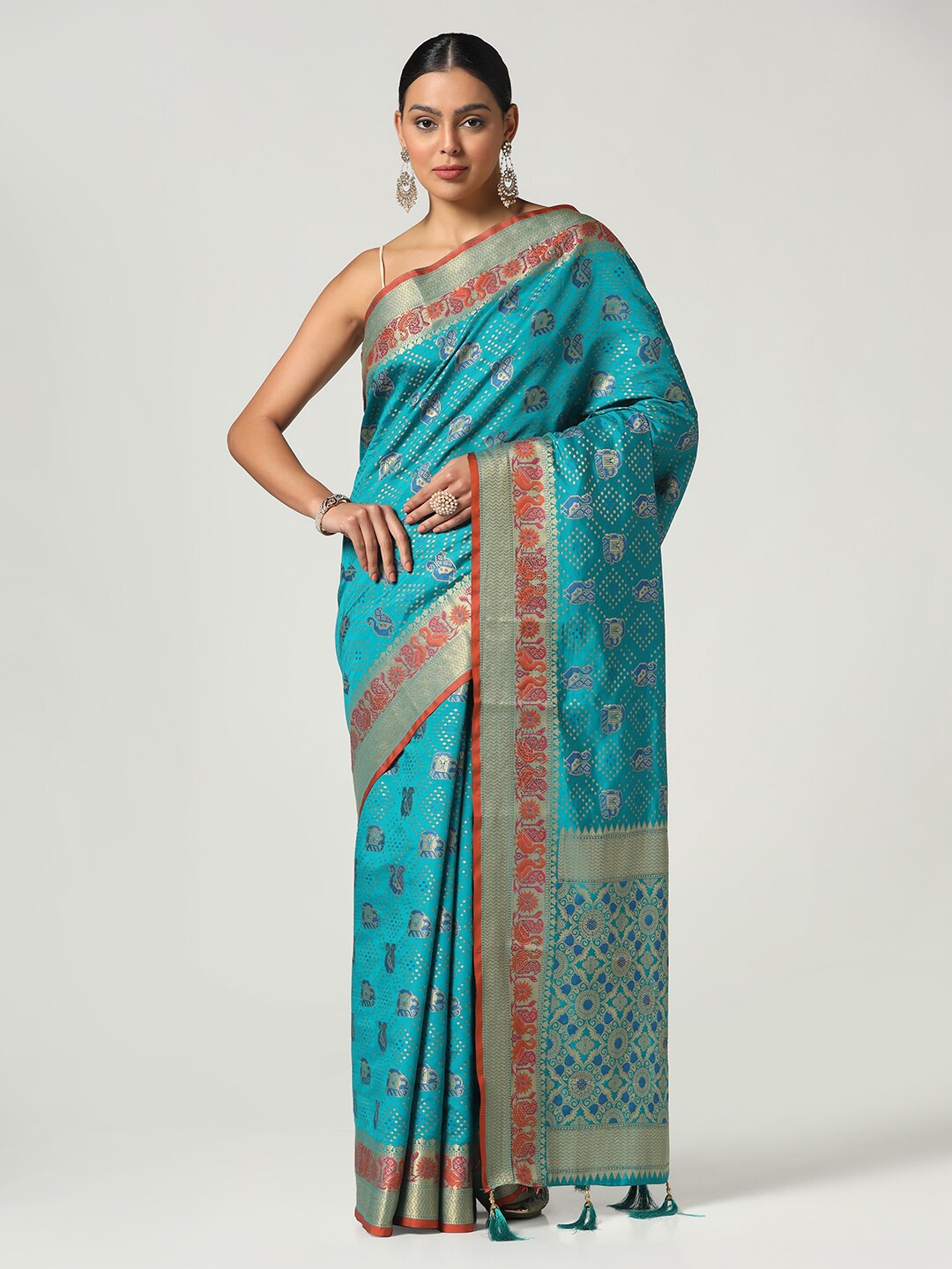 

BOMBAY SELECTIONS Woven Design Zari Art Silk Banarasi Saree, Turquoise blue