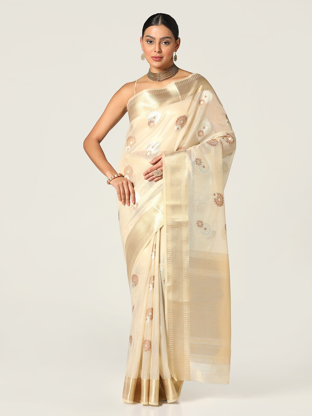 

BOMBAY SELECTIONS Woven Design Zari Banarasi Saree, Beige