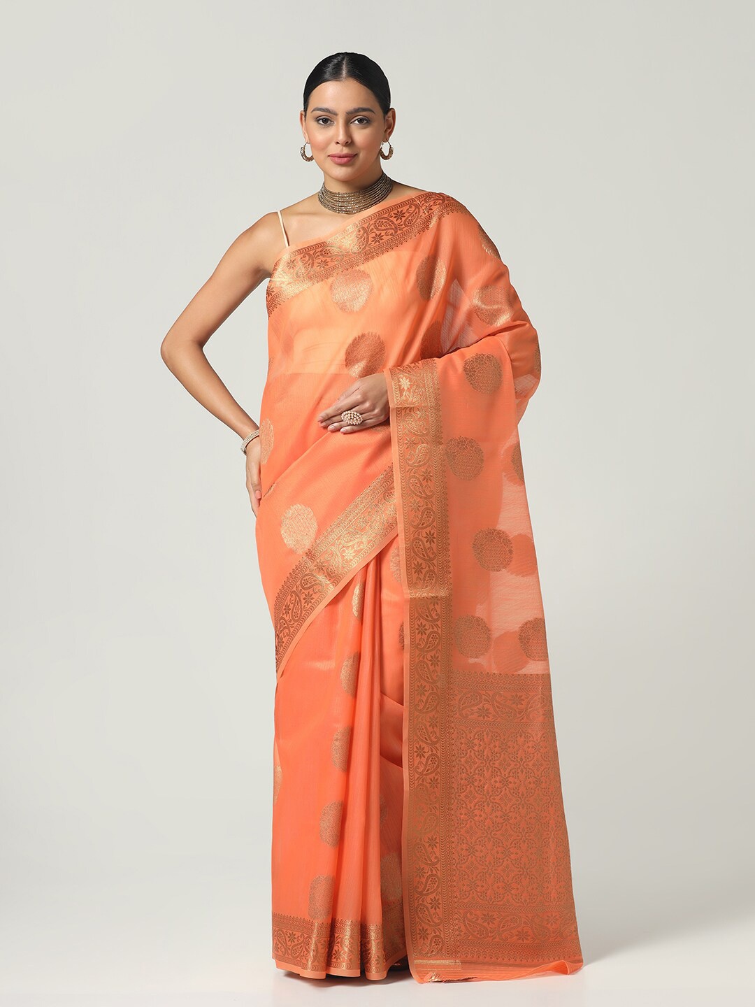 

BOMBAY SELECTIONS Woven Design Zari Banarasi Saree, Peach