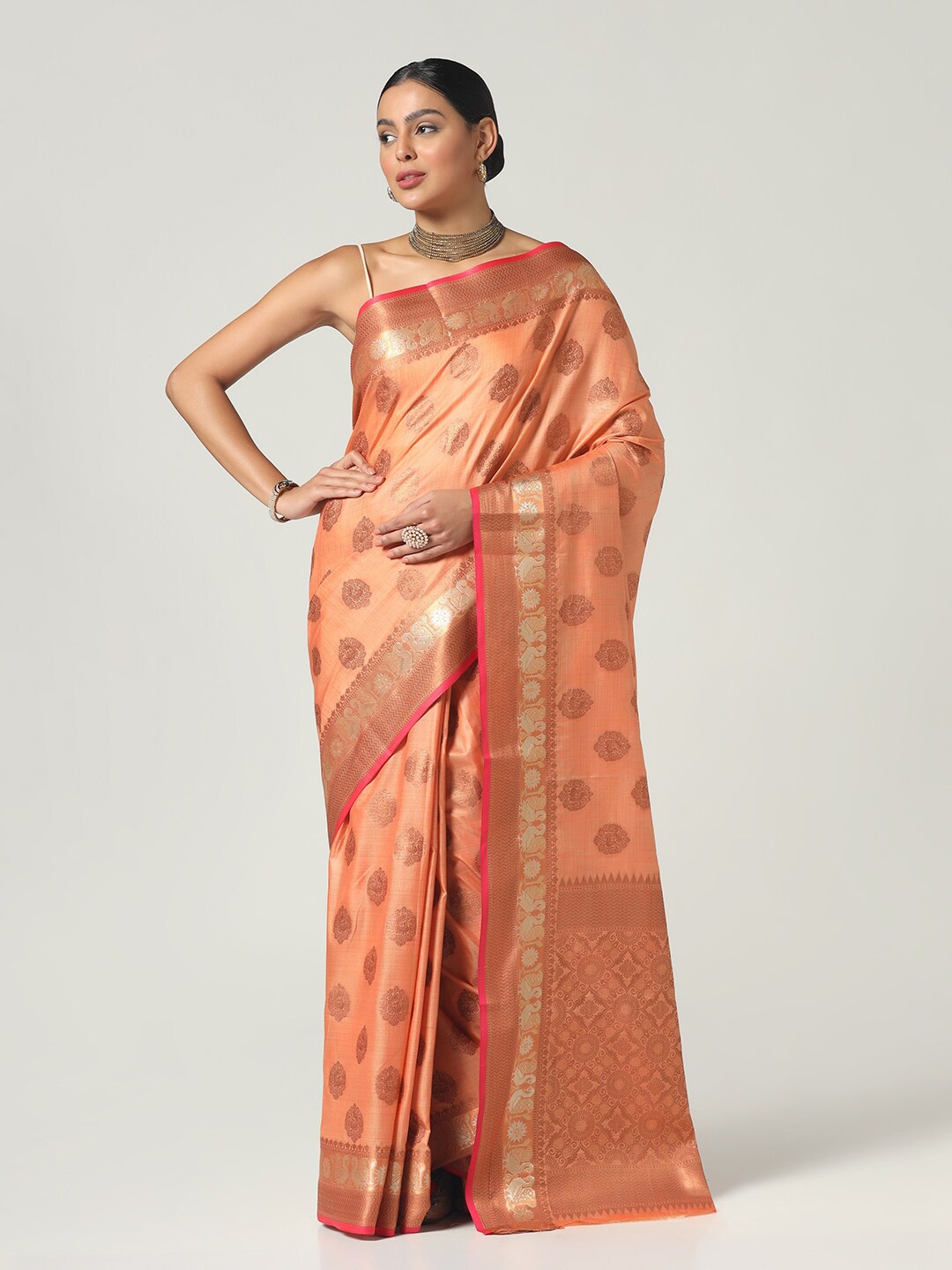 

BOMBAY SELECTIONS Woven Design Zari Banarasi Saree, Peach