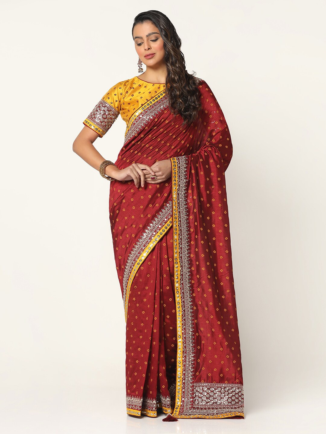 

BOMBAY SELECTIONS Bandhani Embroidered Art Silk Bandhani Saree, Maroon