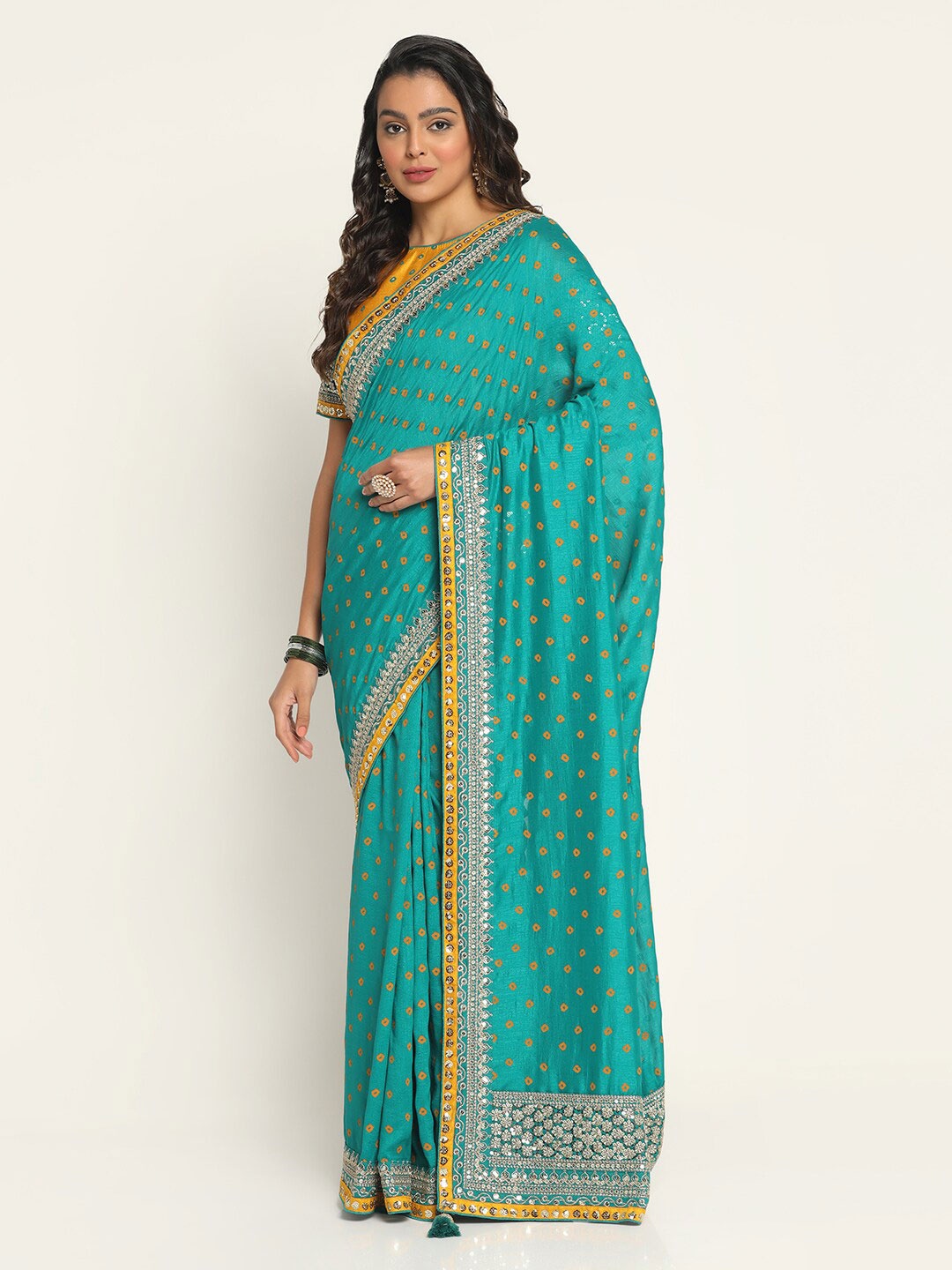 

BOMBAY SELECTIONS Sequinned Bandhani Saree, Teal