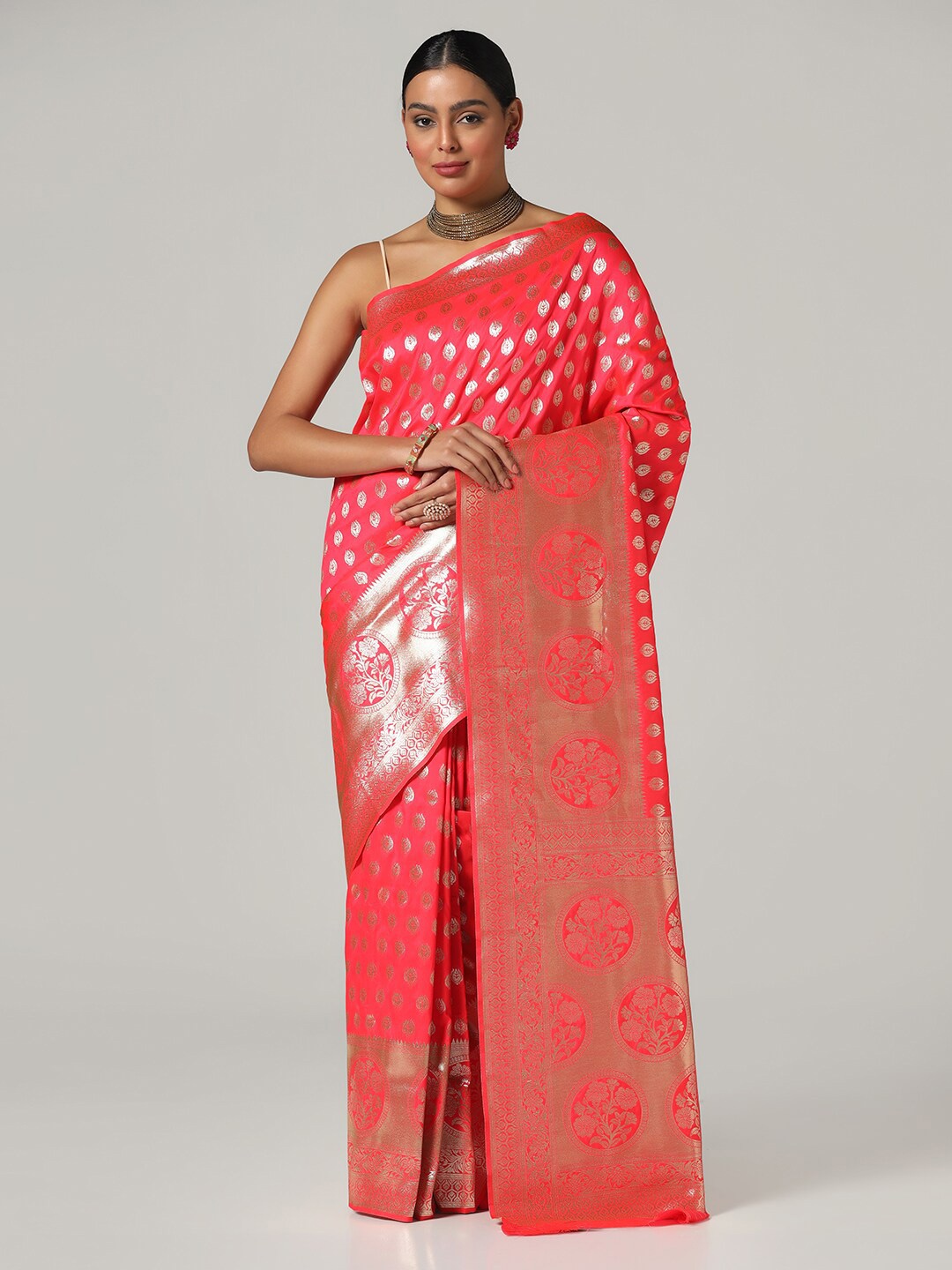 

BOMBAY SELECTIONS Woven Design Zari Pure Silk Banarasi Saree, Coral