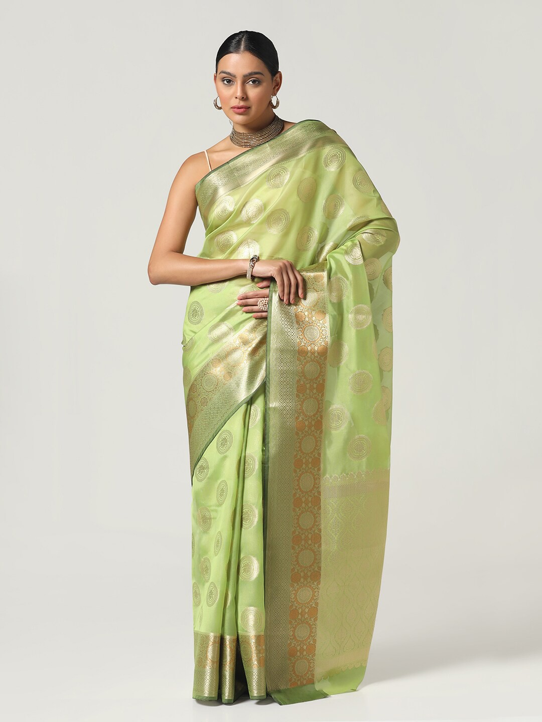 

BOMBAY SELECTIONS Ethnic Motifs Zari Banarasi Saree, Green