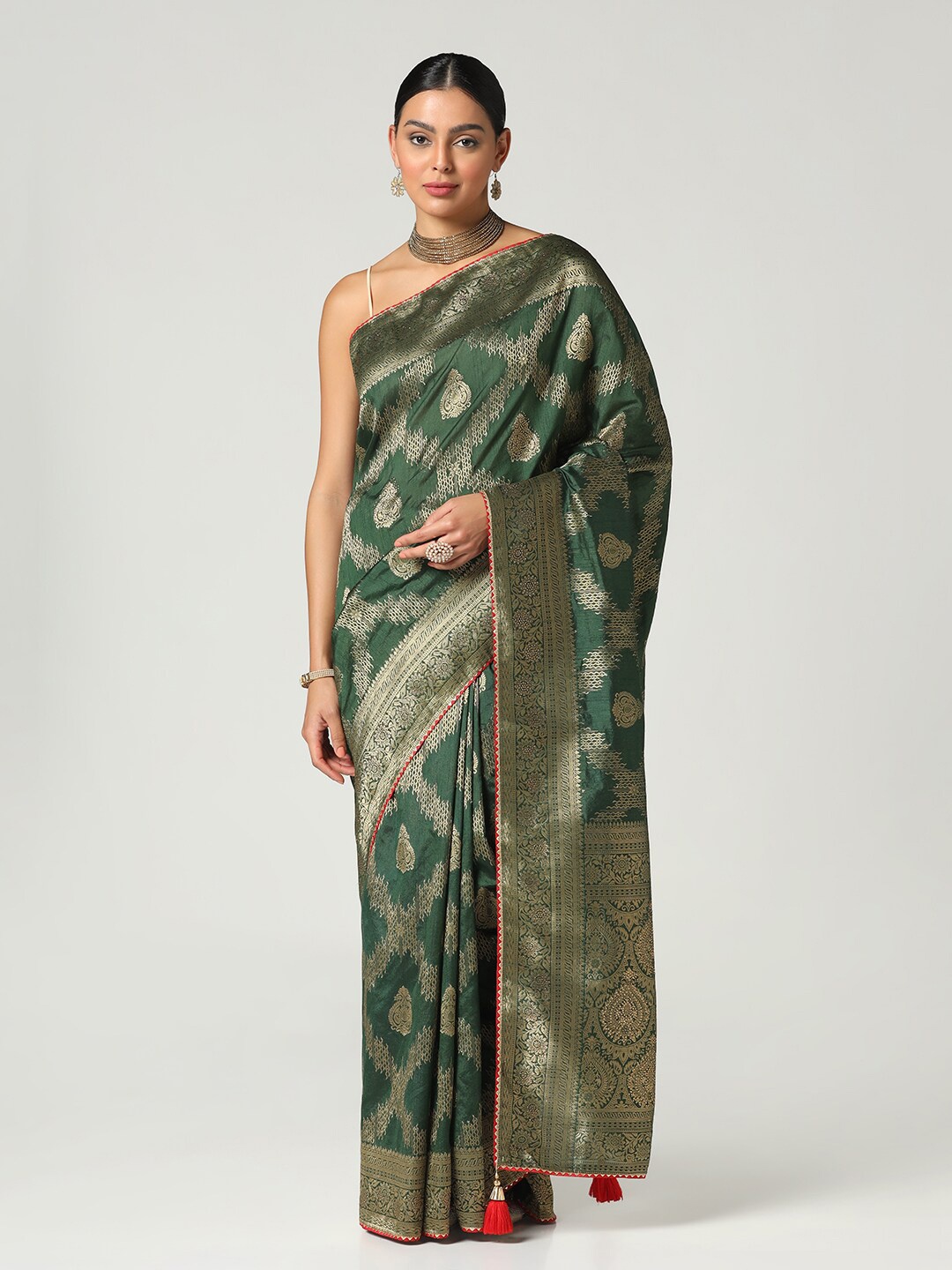 

BOMBAY SELECTIONS Woven Design Zari Art Silk Banarasi Saree, Green