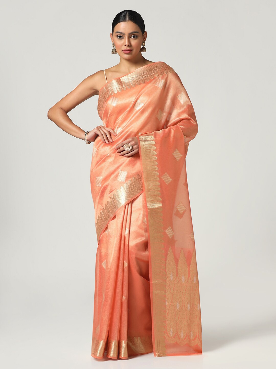 

BOMBAY SELECTIONS Woven Design Zari Banarasi Saree, Peach